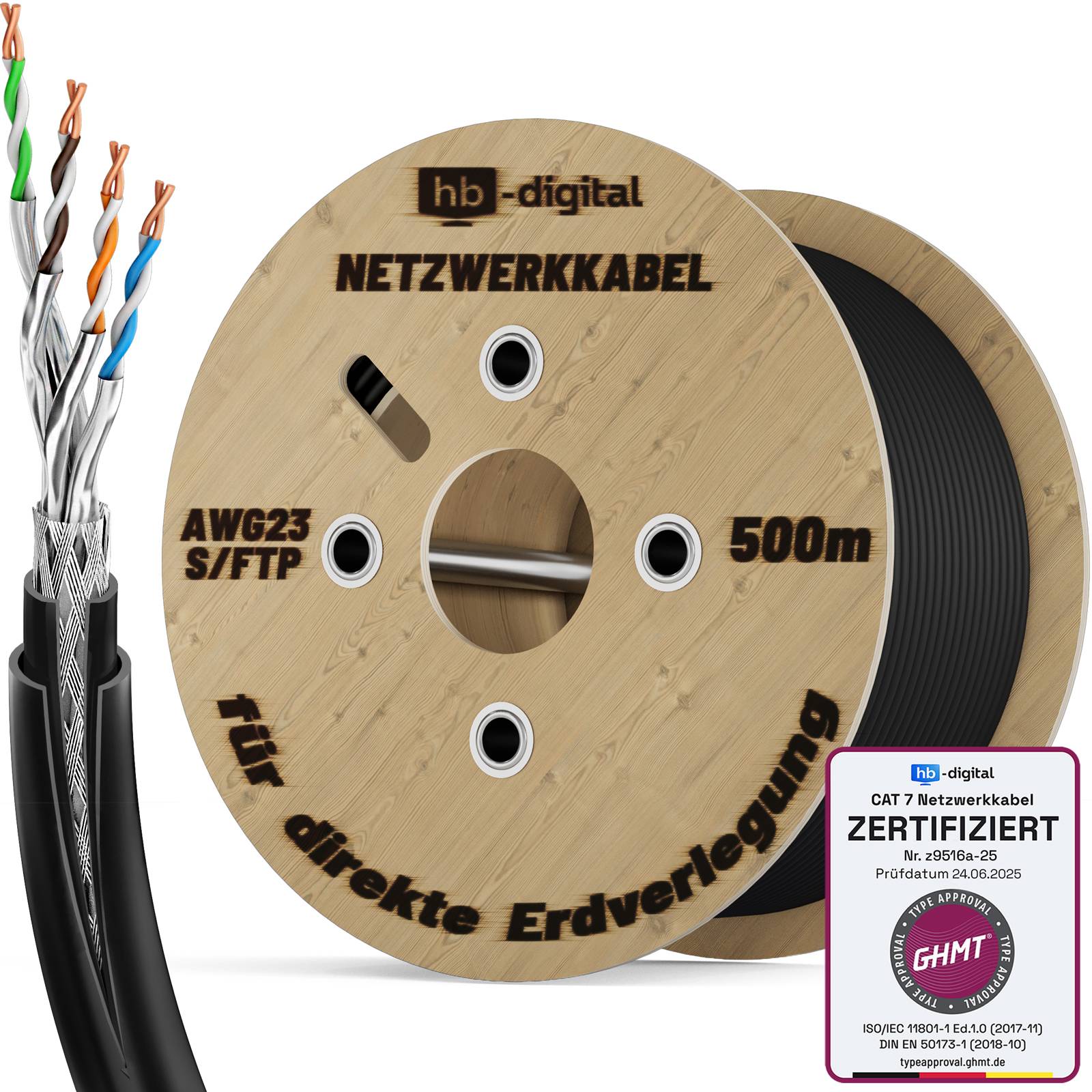 hb-digital 500m CAT 7 Doppelmantel Erdverlegekabel S/FTP PVC + LLDPE AWG23 für Außenbereich