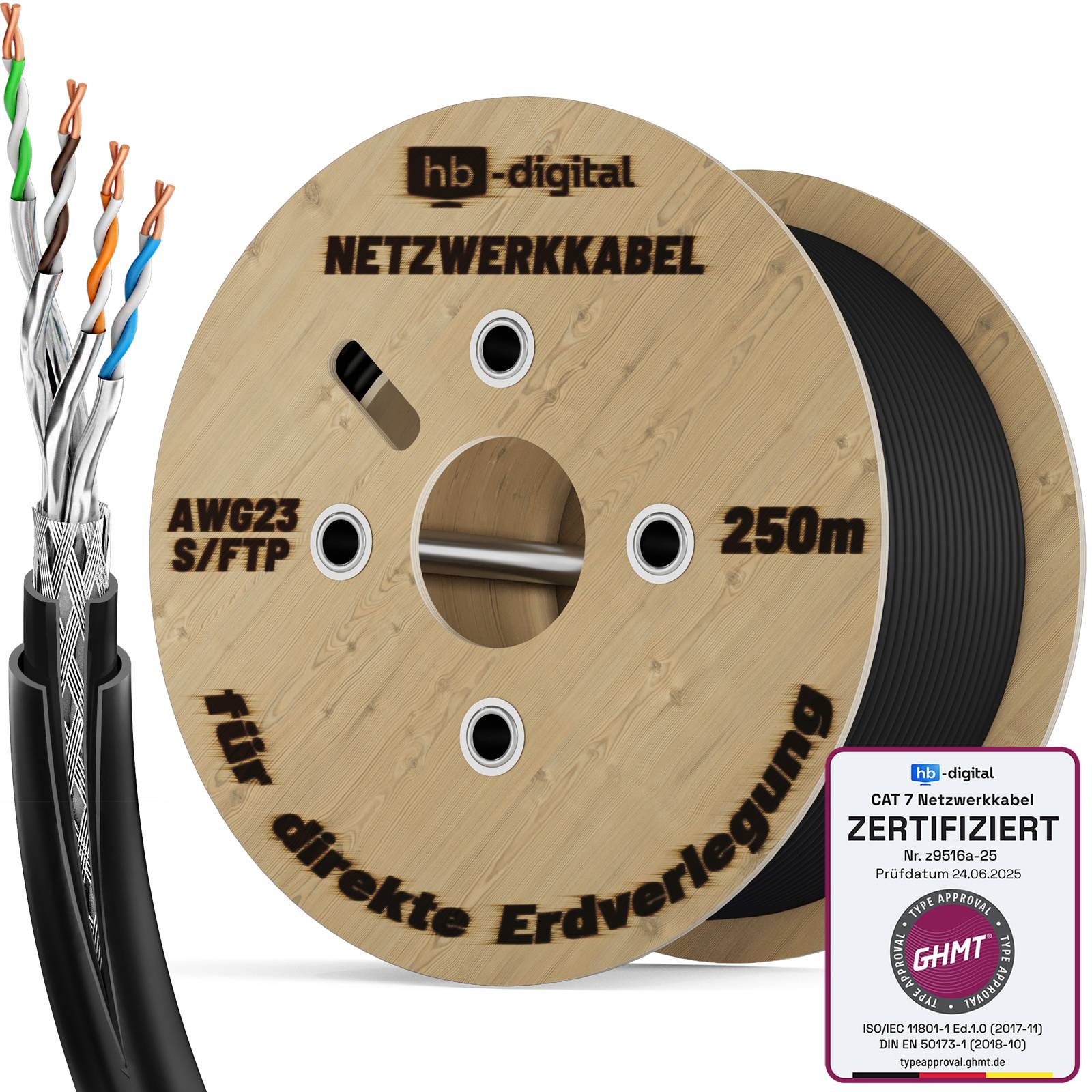 hb-digital 250m CAT 7 Erdverlegekabel Doppelmantel S/FTP PVC + LLDPE AWG23 für Außenbereich