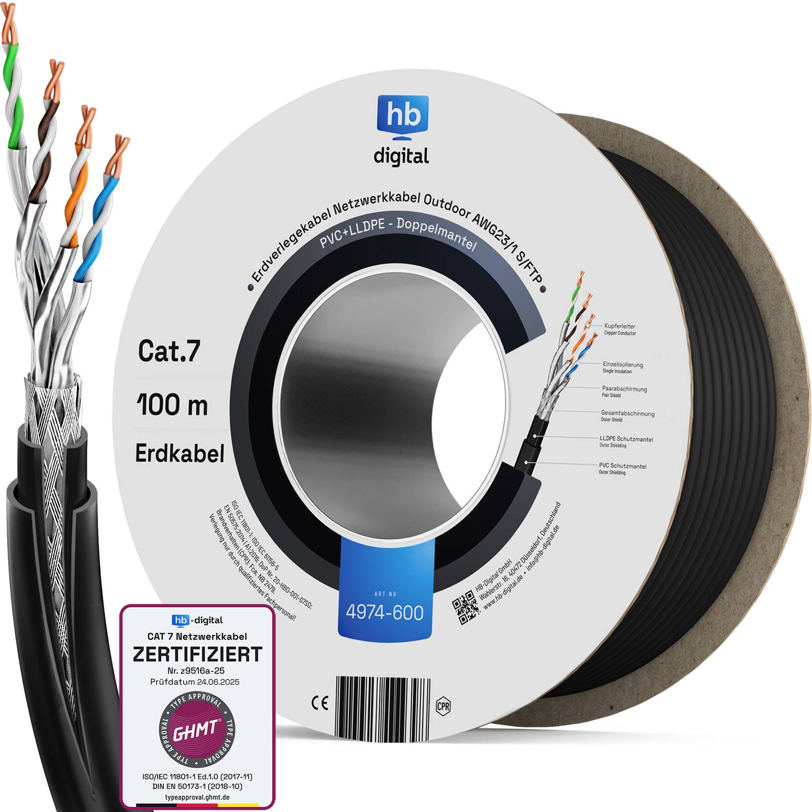 hb-digital 100m CAT 7 Erdverlegekabel Doppelmantel S/FTP PVC + LLDPE AWG23 Außenbereich