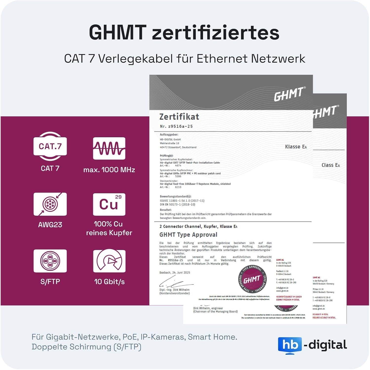 hb-digital 100m CAT 7 Erdverlegekabel Doppelmantel S/FTP PVC + LLDPE AWG23 Außenbereich