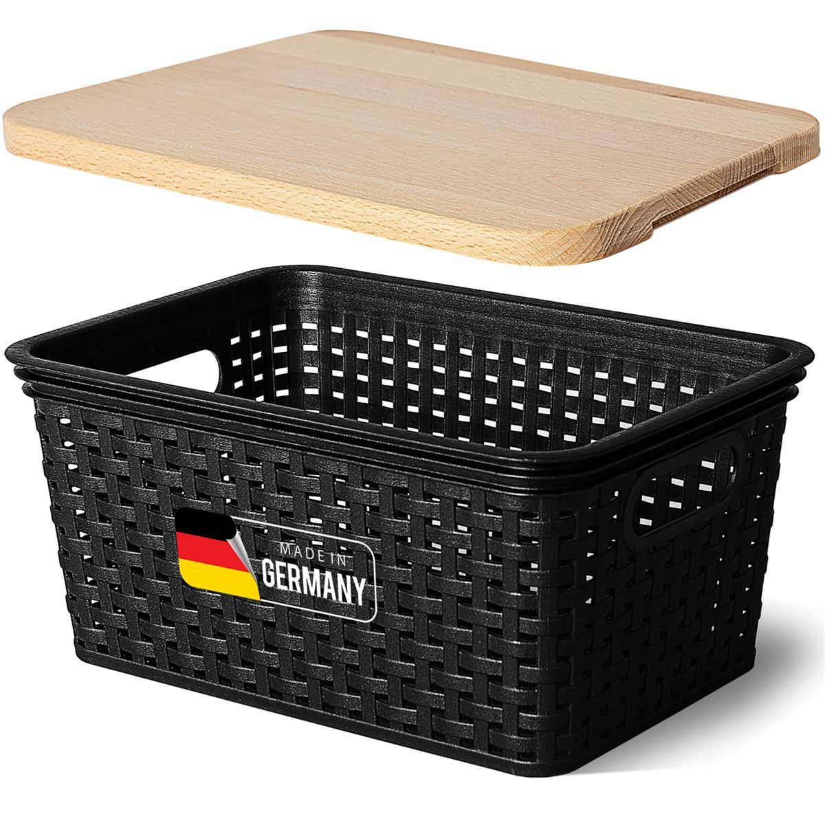 Novaliv Aufbewahrungsbox mit Holzdeckel Klein 5L Korb Schwarz in Rattan Design Lebensmittelecht Aufbewahrungskorb Stapelbox Nestbar Kunststoff