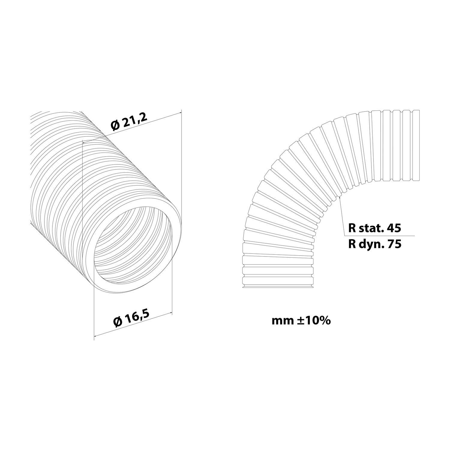 Diagramm eines flexiblen Schlauchs. Links: Seitenansicht mit 21,2 mm Außendurchmesser, 16,5 mm Innendurchmesser. Rechts: gebogene Ansicht mit statischem Radius 45, dynamischem Radius 75. Toleranz: mm ±10%.