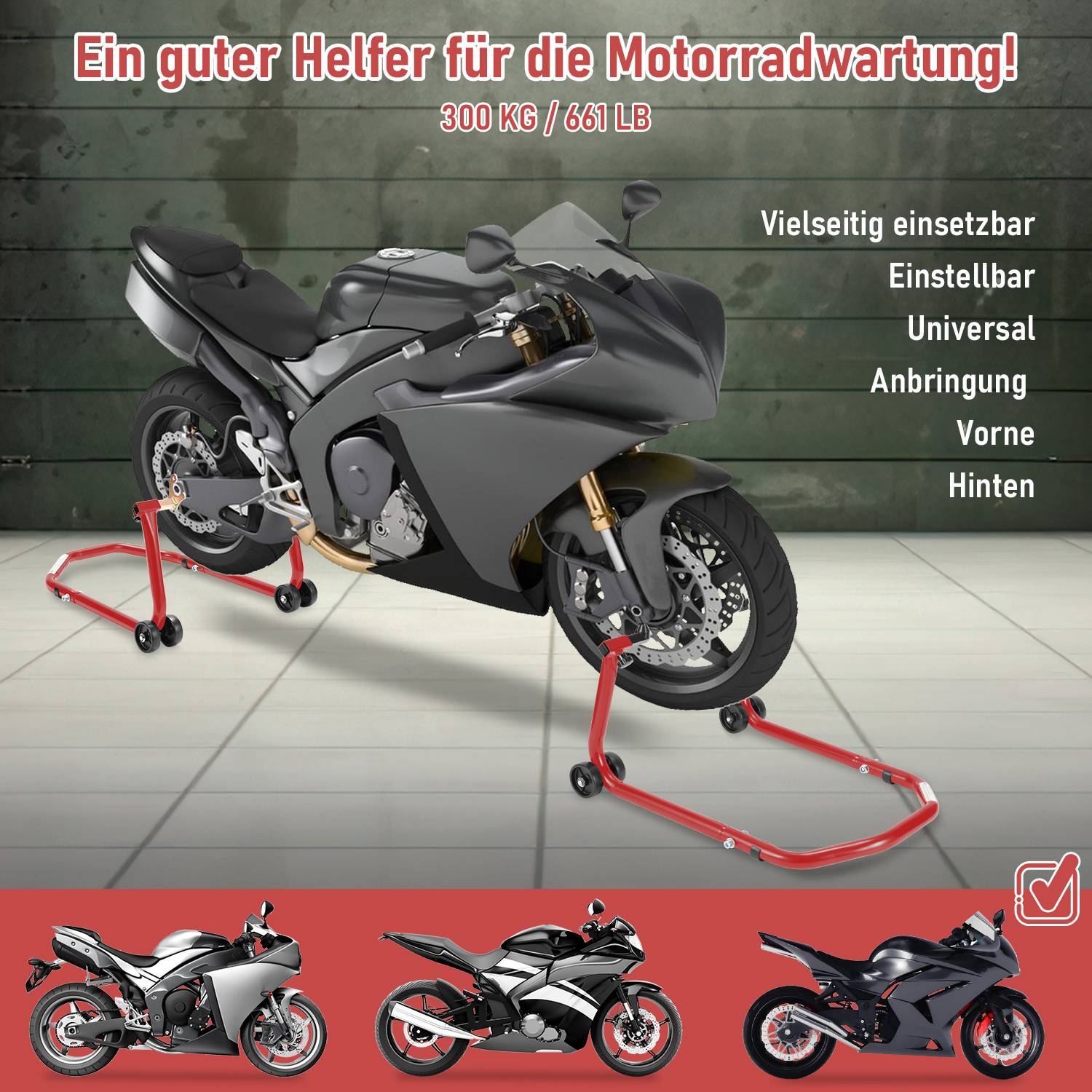 Motorrad auf roten Radständern mit Werbungstext für eine vielseitige, verstellbare universelle Hubhilfe, die 300 kg/661 lb trägt; vorne oder hinten verwendbar.
