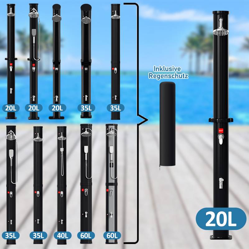 Solardusche 20-60 Liter - bis 60°C – mit schwenkbarem Duschkopf, Fußdusche & Gartenschlauch