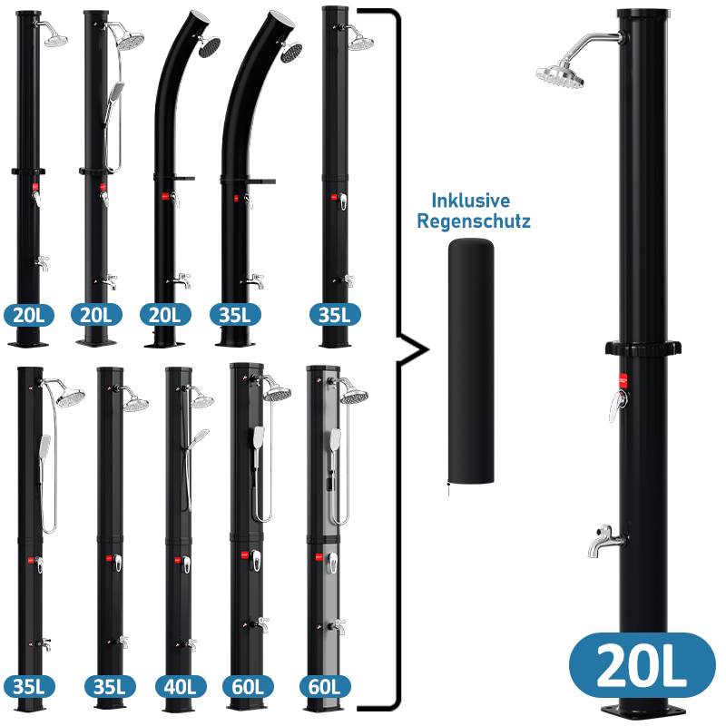 Solardusche 20-60 Liter - bis 60°C – mit schwenkbarem Duschkopf, Fußdusche & Gartenschlauch