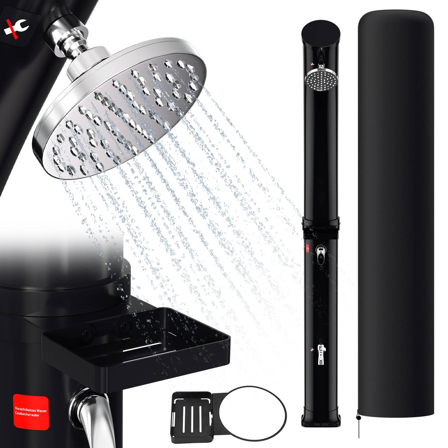 Solardusche 20-60 Liter | schwenkbarem Duschkopf & Fußdusche | Schwarz/Silber | bis 60°C | mit Gartenschlauch