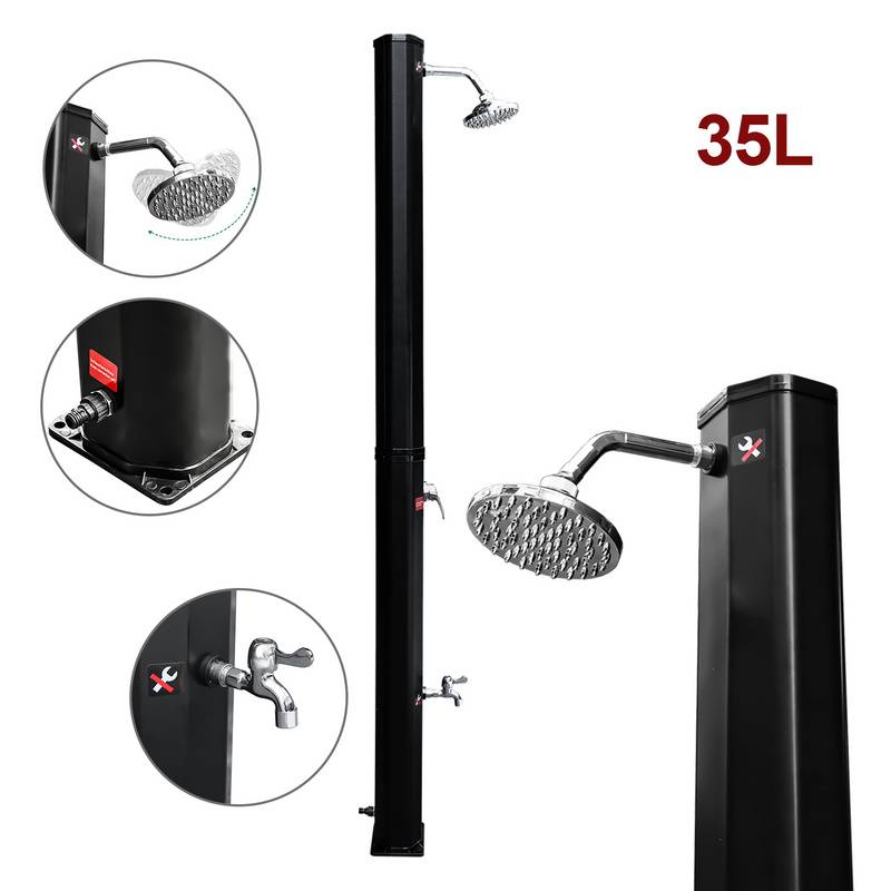 Solardusche 35L Gartenduschen mit integriertem Fußdusche runder Duschkopf inkl. Montagematerial & Abdeckhaube Schwarz（eskalieren）
