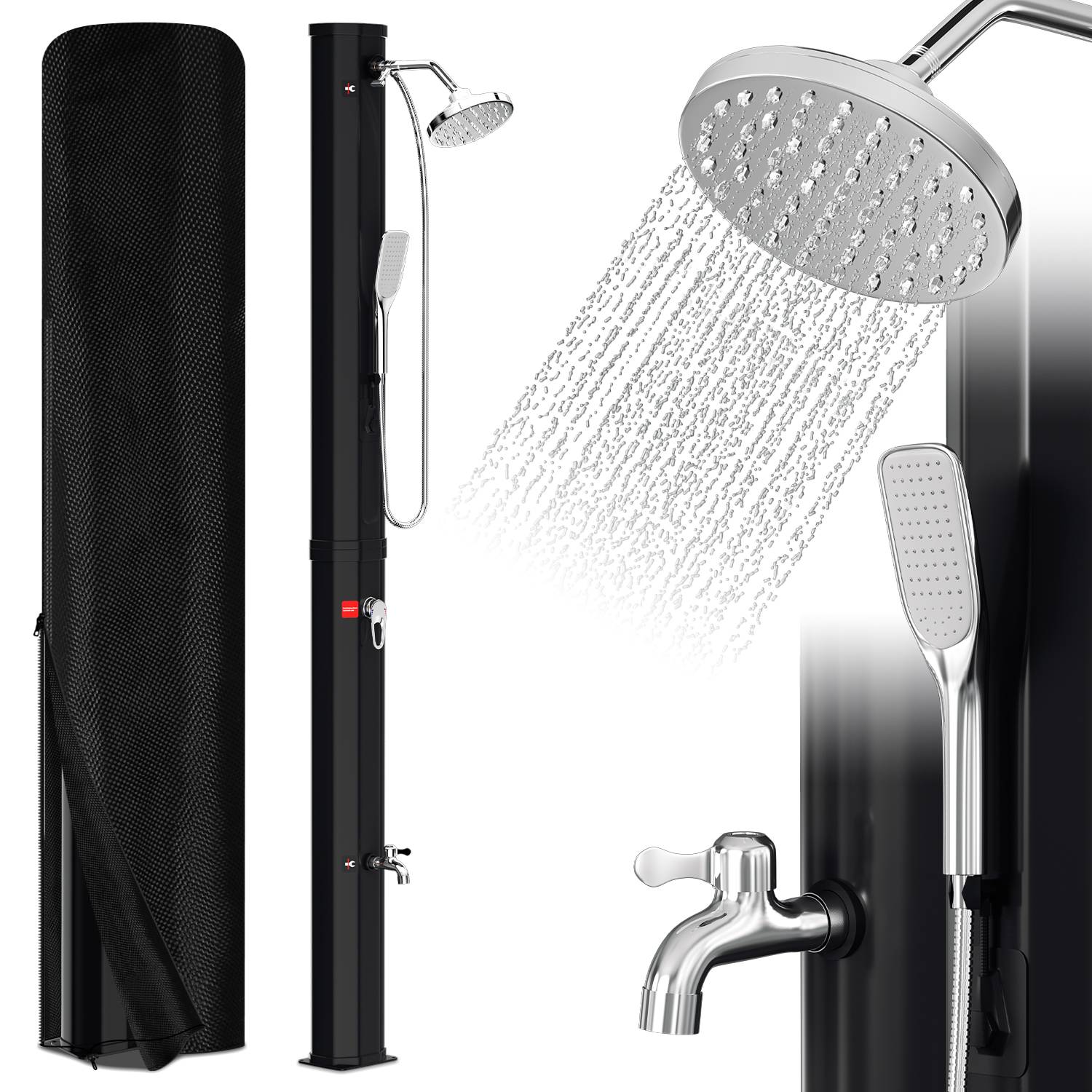 Solardusche 35L Gartenduschen mit Handbrause、integriertem Fußdusche runder Duschkopf inkl. Montagematerial & Abdeckhaube Schwarz