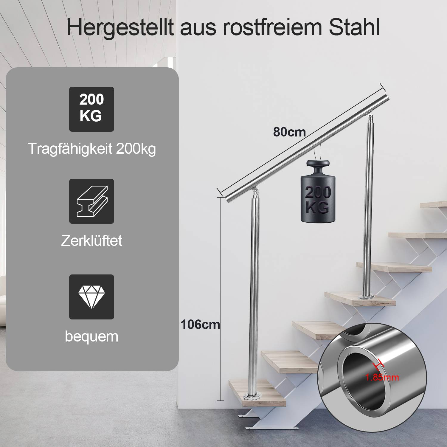 Geländer Edelstahl Handlauf Treppengeländer für Balkon Treppen Innen und Außen 80cm (0 Querstreben)