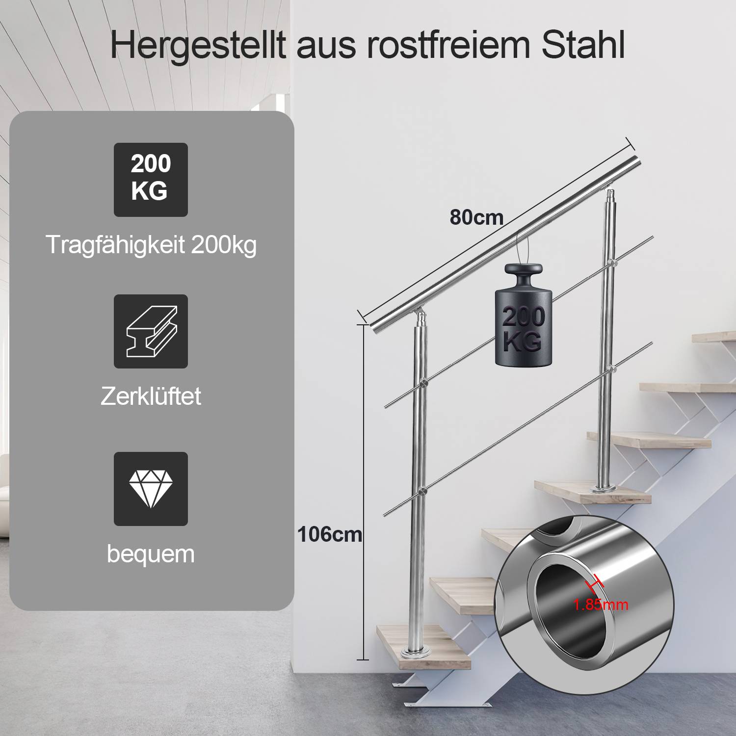 Geländer Edelstahl Handlauf Treppengeländer für Balkon Treppen Innen und Außen 80cm (2 Querstreben)