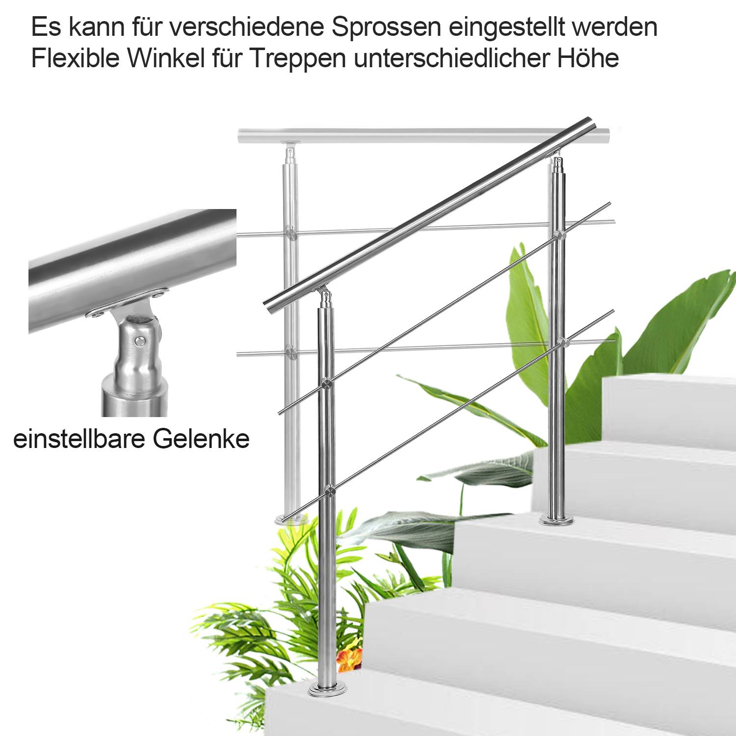 Geländer Edelstahl Handlauf Treppengeländer für Balkon Treppen Innen und Außen 150cm (2 Querstreben)
