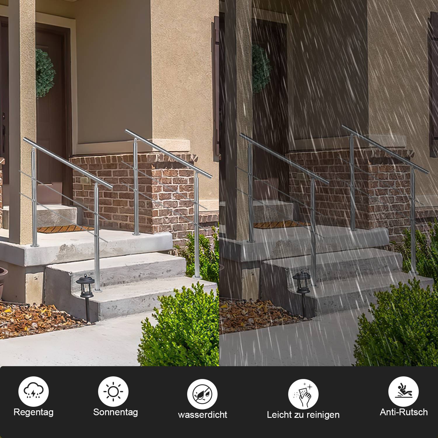 Geländer Edelstahl Handlauf Treppengeländer für Balkon Treppen Innen und Außen 80cm (2 Querstreben)