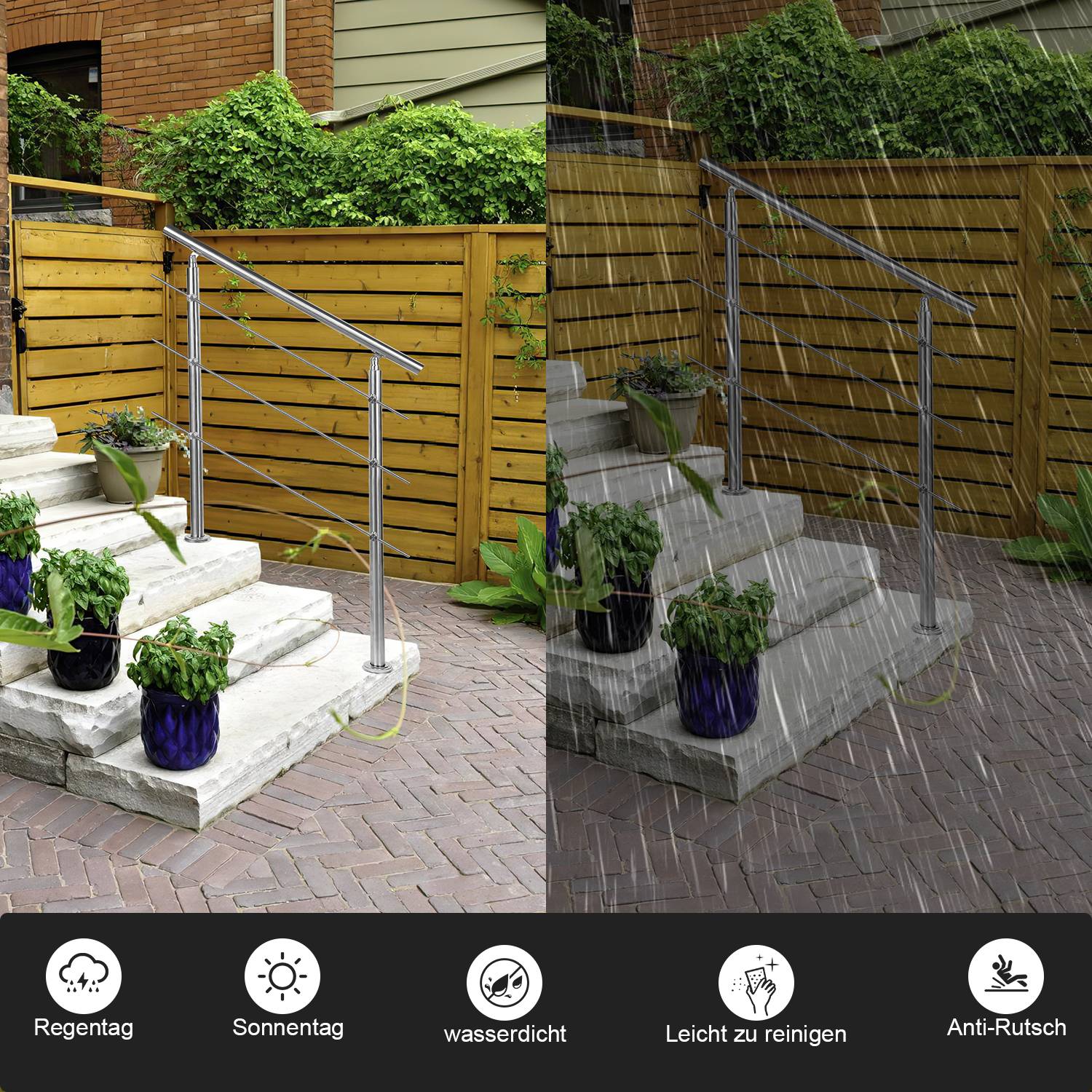 Geländer Edelstahl Handlauf Treppengeländer für Balkon Treppen Innen und Außen 160cm (3 Querstreben)