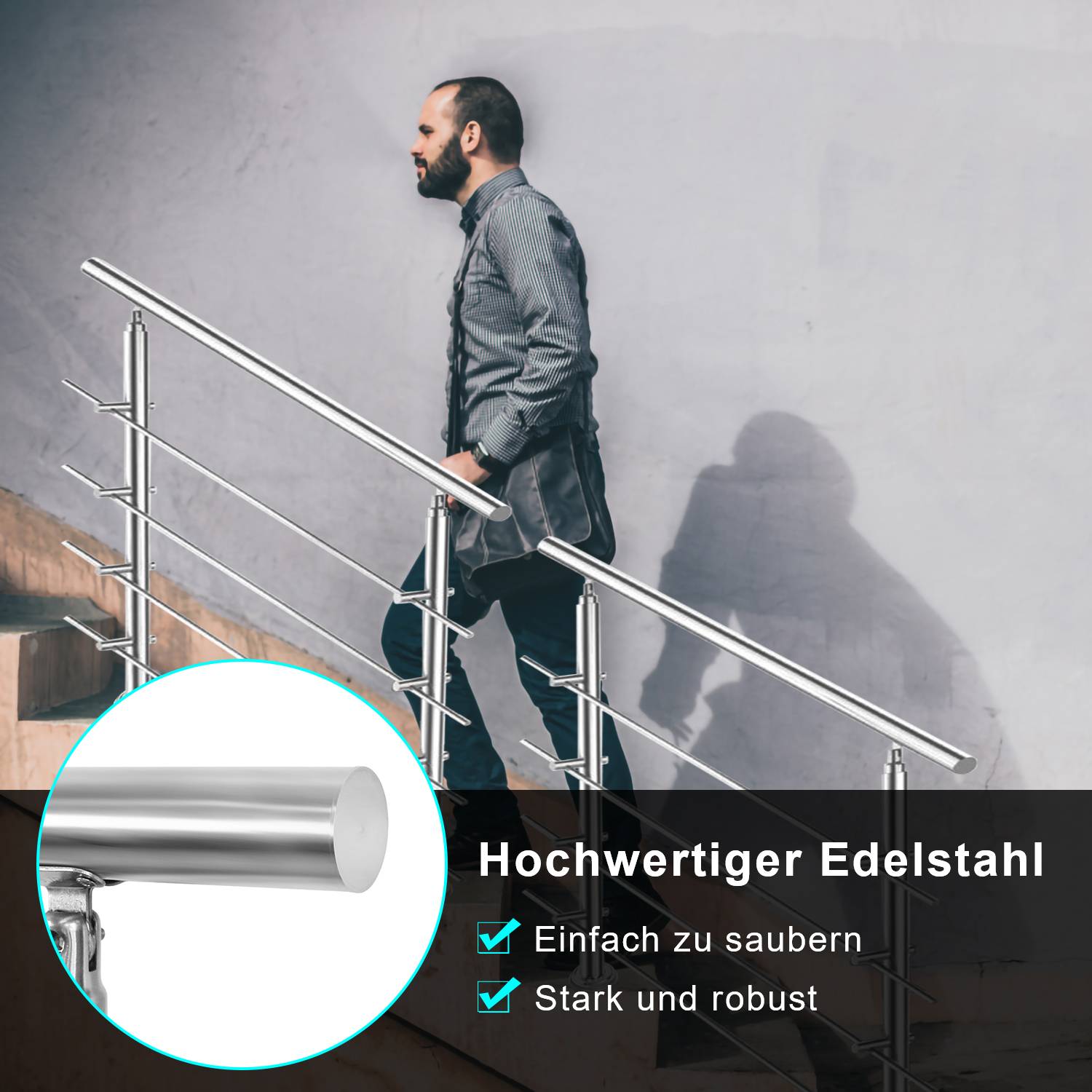 Geländer Edelstahl Handlauf Treppengeländer für Balkon Treppen Innen und Außen 180cm (3 Querstreben)