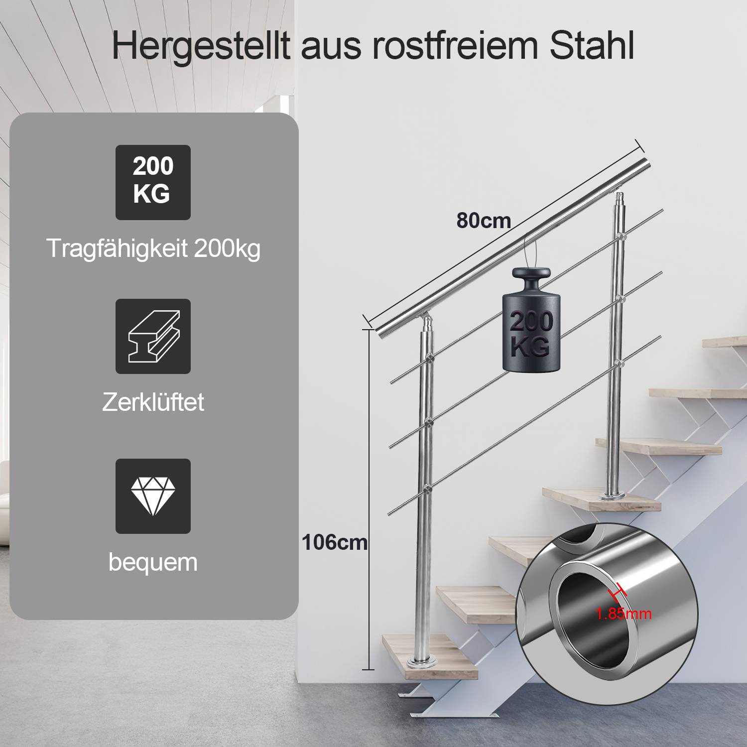 Geländer Edelstahl Handlauf Treppengeländer für Balkon Treppen Innen und Außen 80cm (3 Querstreben)