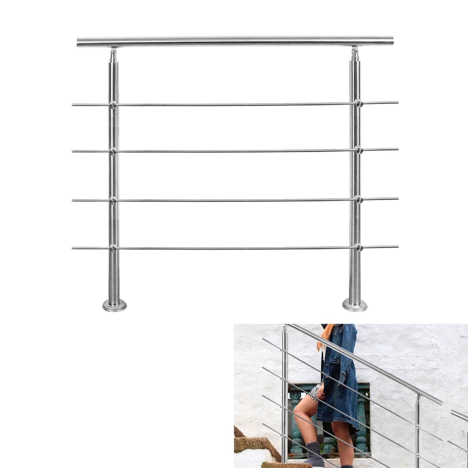 Geländer Edelstahl Handlauf Treppengeländer für Balkon Treppen Innen und Außen 80cm (4 Querstreben)