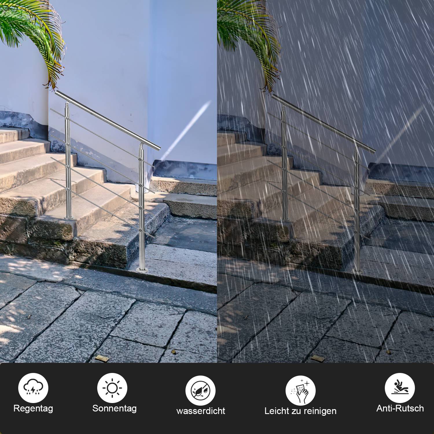 Geländer Edelstahl Handlauf Treppengeländer für Balkon Treppen Innen und Außen 180cm (4 Querstreben)