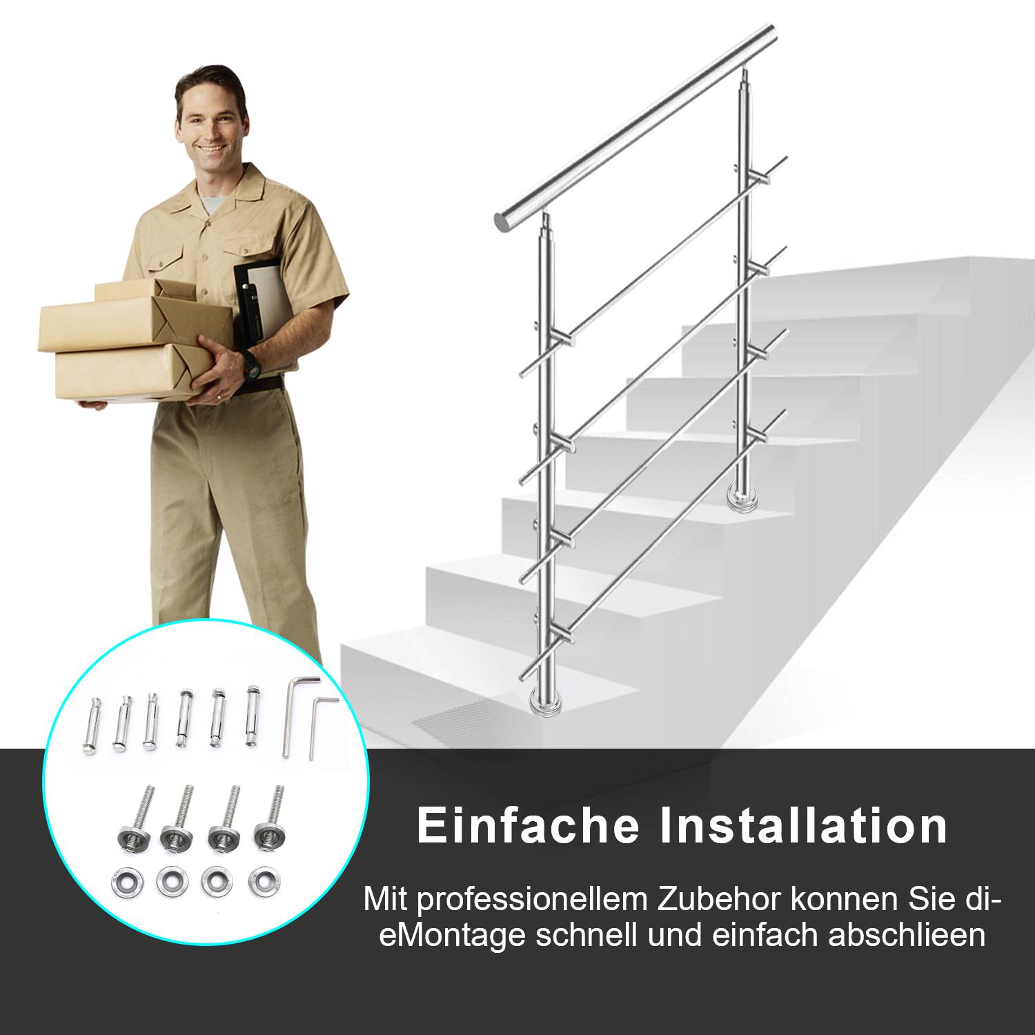 Geländer Edelstahl Handlauf Treppengeländer für Balkon Treppen Innen und Außen 180cm (4 Querstreben)