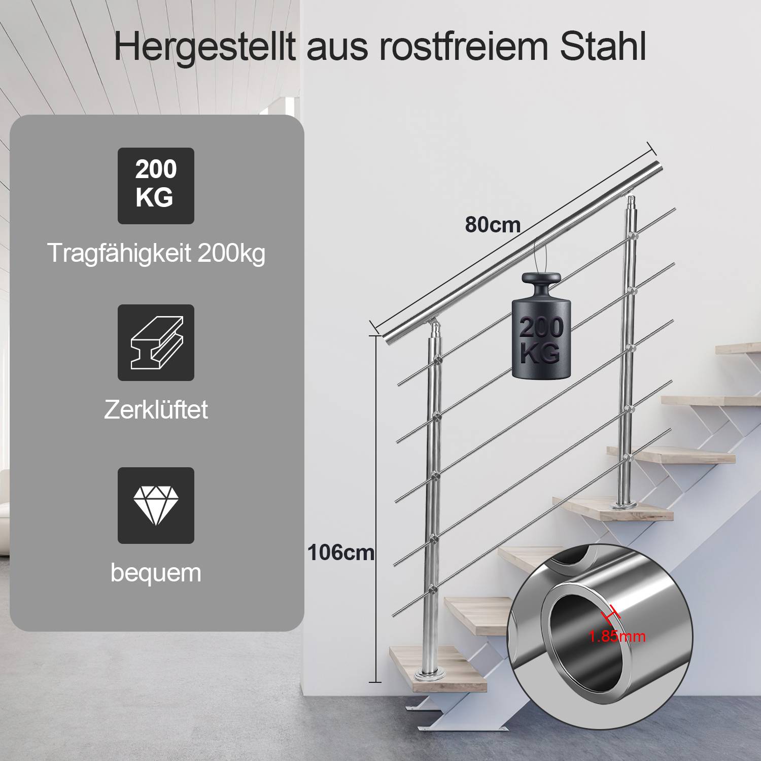 Geländer Edelstahl Handlauf Treppengeländer für Balkon Treppen Innen und Außen 80cm (5 Querstreben)