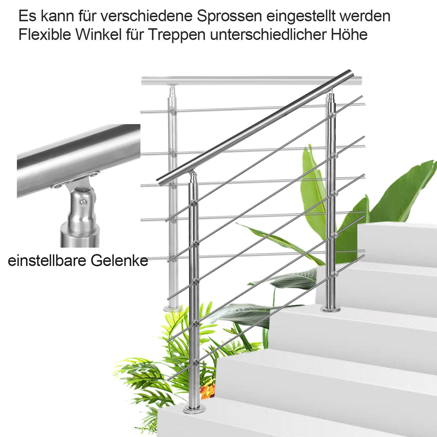 Geländer Edelstahl Handlauf Treppengeländer für Balkon Treppen Innen und Außen 180cm (5 Querstreben)