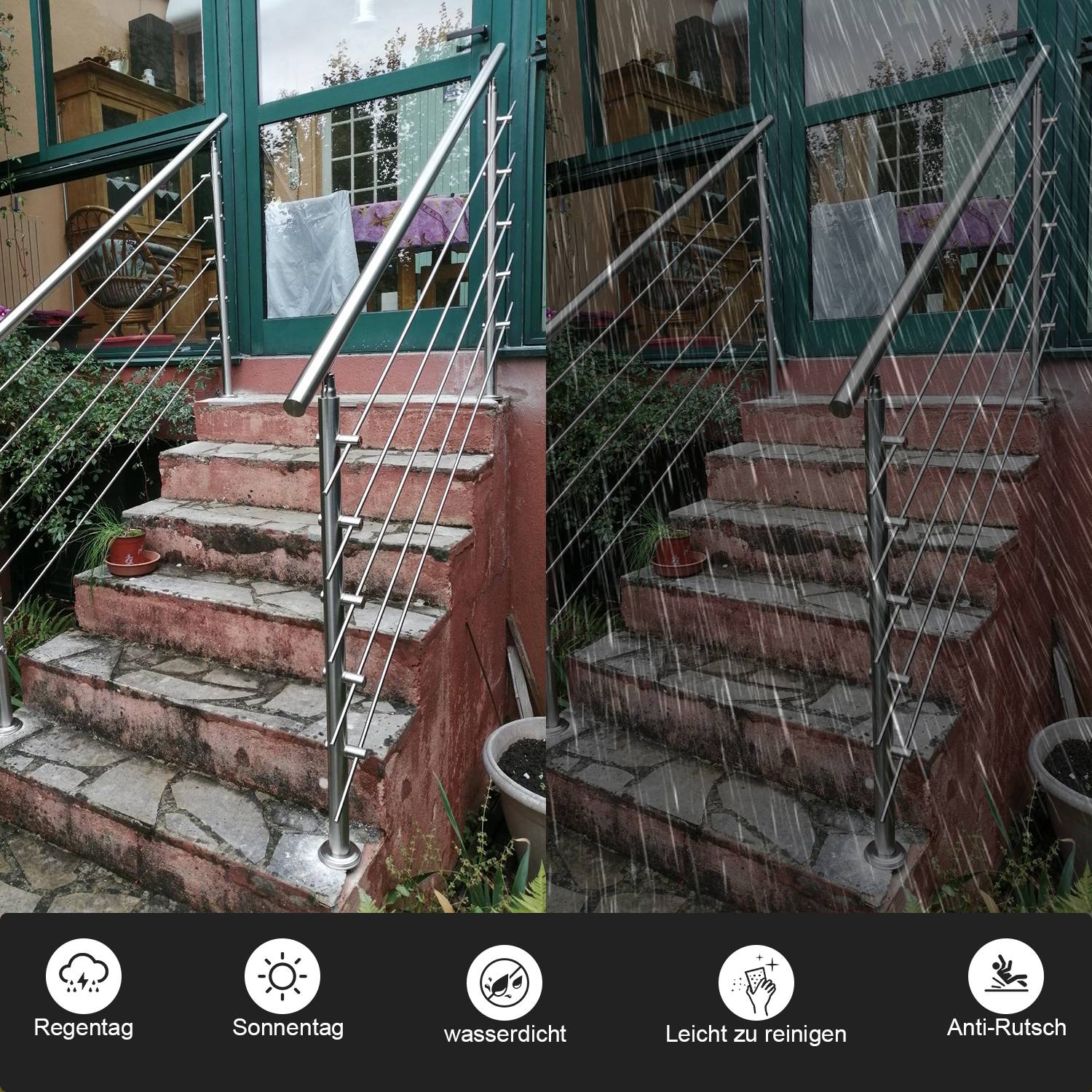 Geländer Edelstahl Handlauf Treppengeländer für Balkon Treppen Innen und Außen 180cm (5 Querstreben)