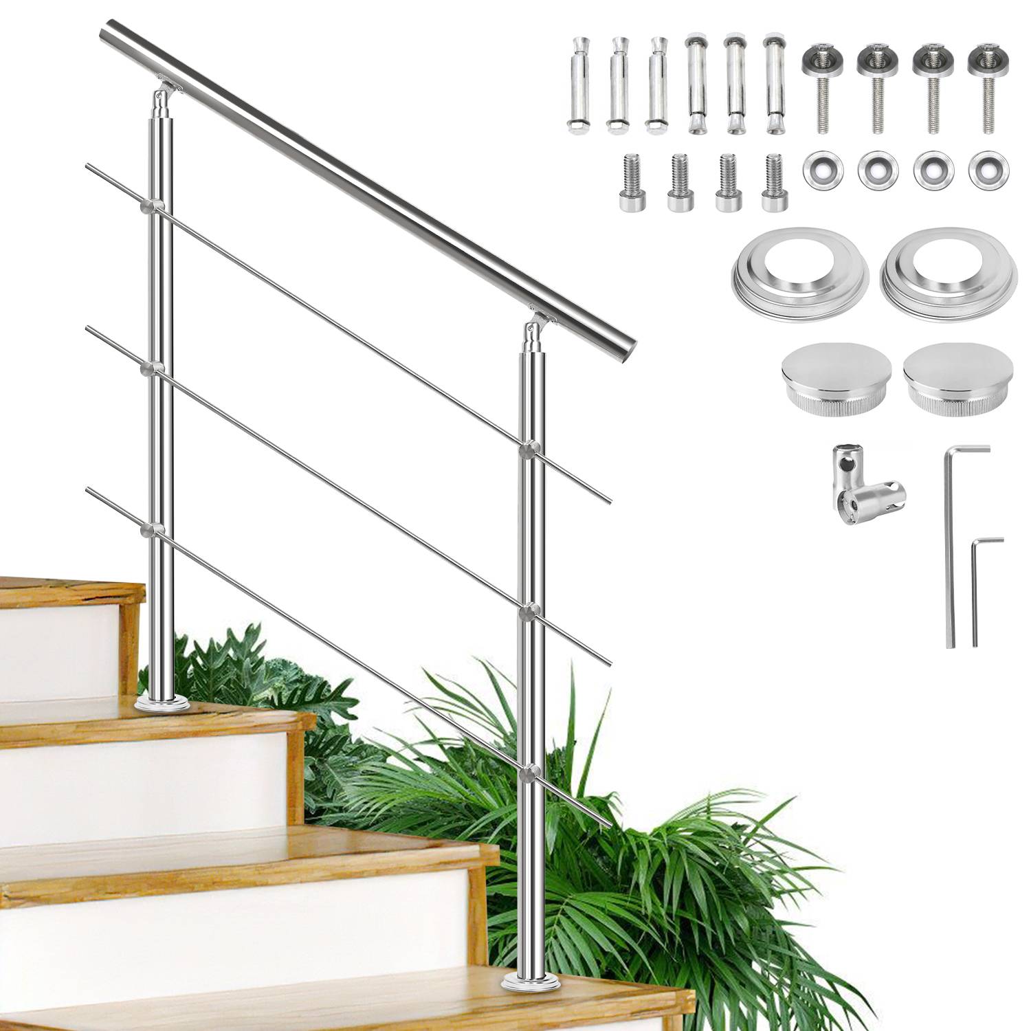 Geländer Edelstahl Handlauf Treppengeländer für Balkon Treppen Innen und Außen 100cm (3 Querstreben)