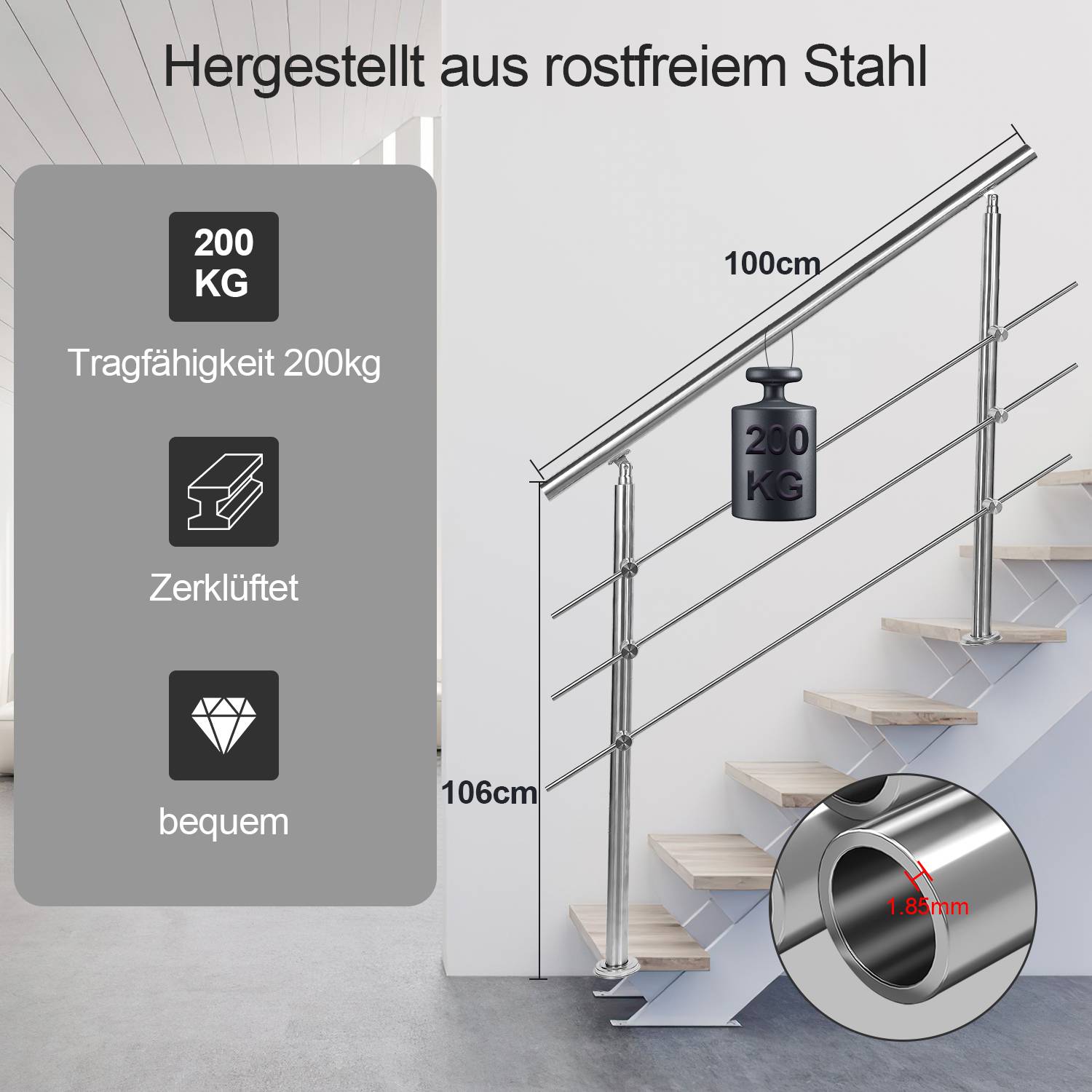 Geländer Edelstahl Handlauf Treppengeländer für Balkon Treppen Innen und Außen 100cm (3 Querstreben)