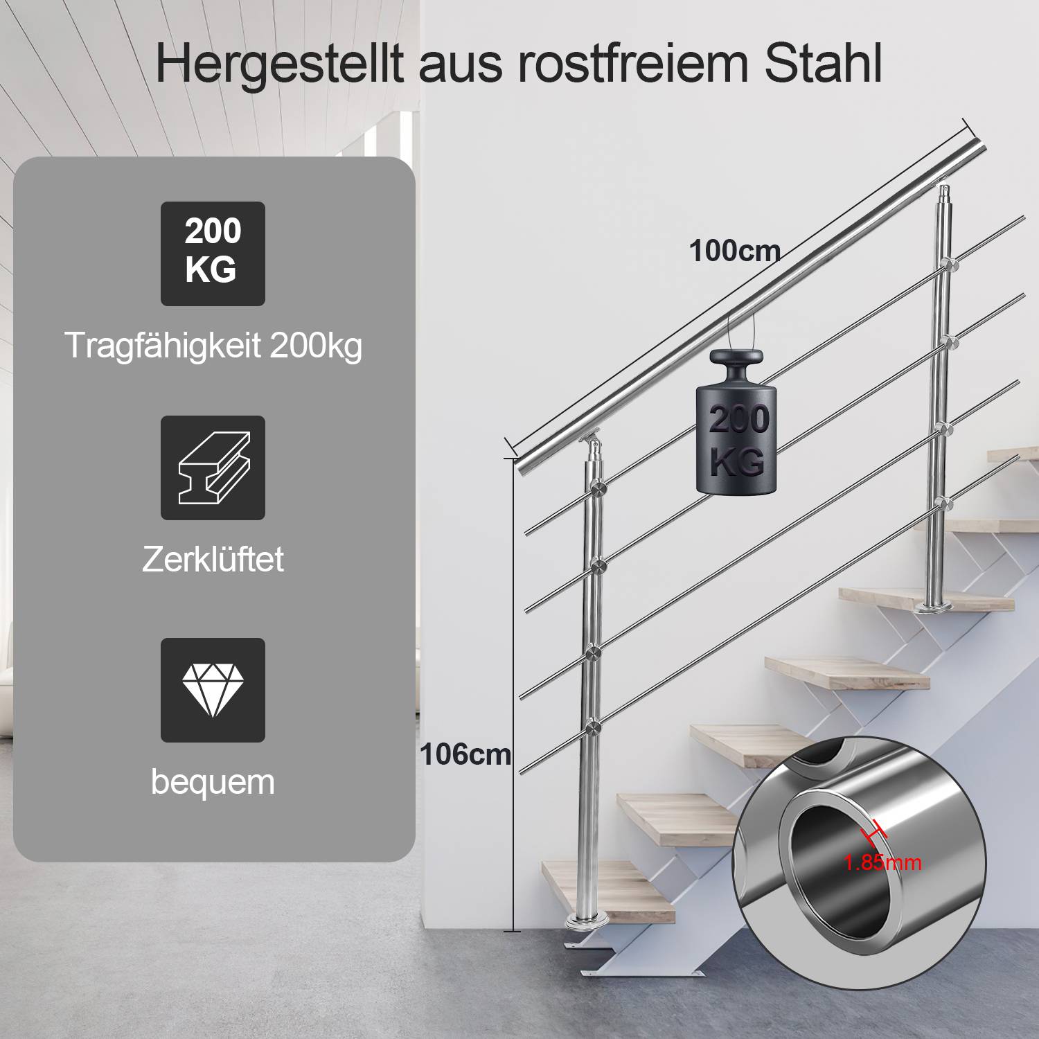 Geländer Edelstahl Handlauf Treppengeländer für Balkon Treppen Innen und Außen 100cm (4 Querstreben)