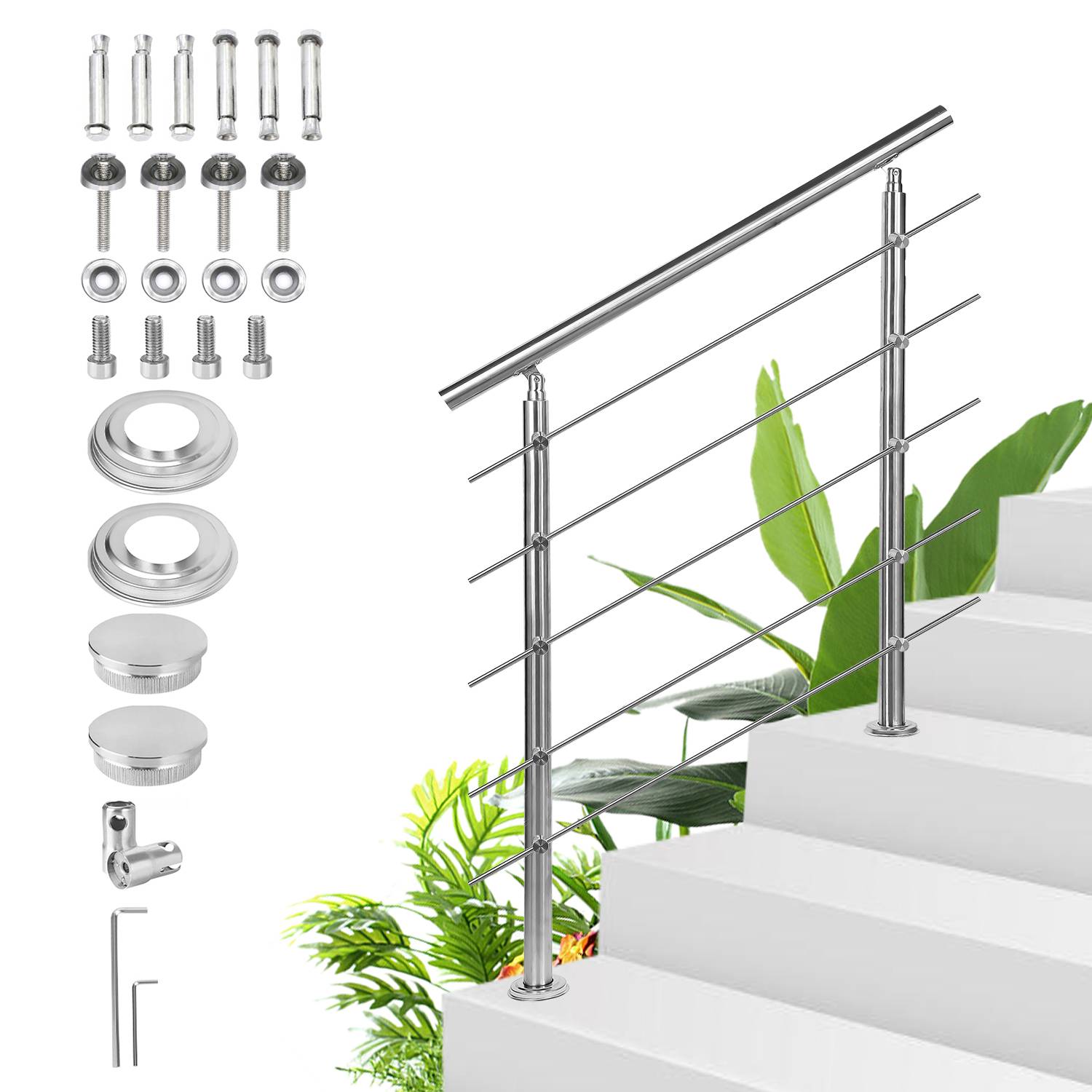 Geländer Edelstahl Handlauf Treppengeländer für Balkon Treppen Innen und Außen 180cm (5 Querstreben)