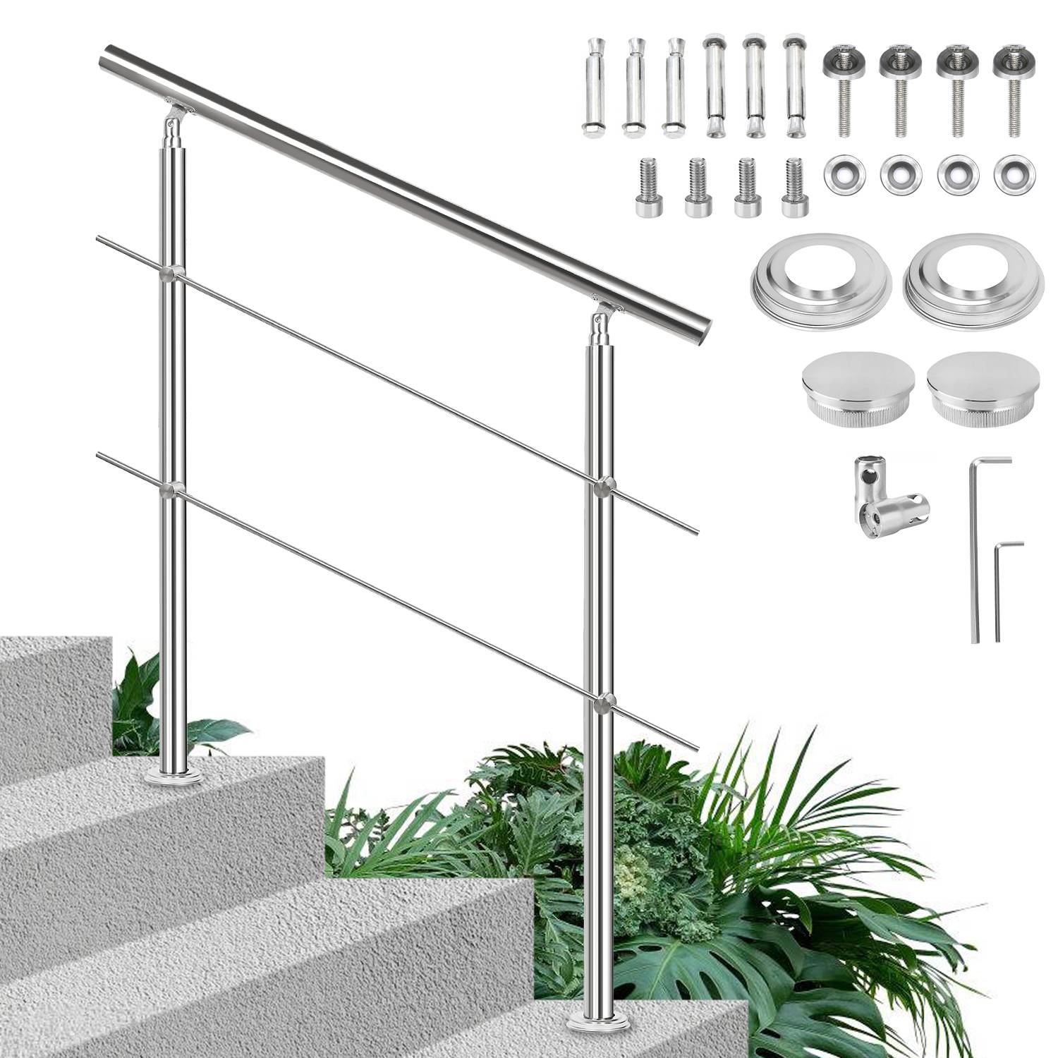 Geländer Edelstahl Handlauf Treppengeländer für Balkon Treppen Innen und Außen 120cm (2 Querstreben)