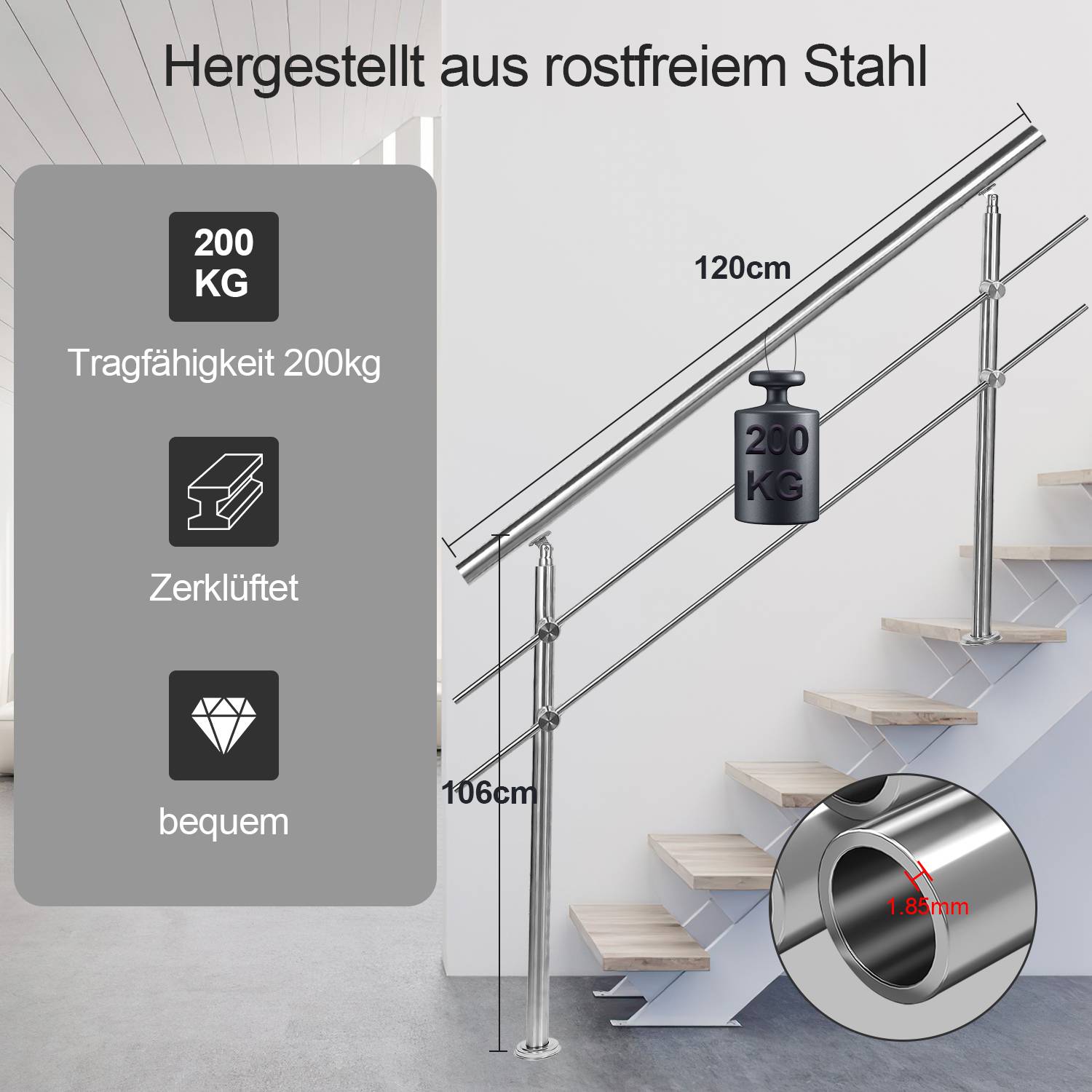 Geländer Edelstahl Handlauf Treppengeländer für Balkon Treppen Innen und Außen 120cm (2 Querstreben)