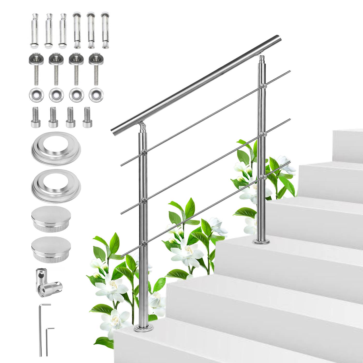 Geländer Edelstahl Handlauf Treppengeländer für Balkon Treppen Innen und Außen 120cm (3 Querstreben)