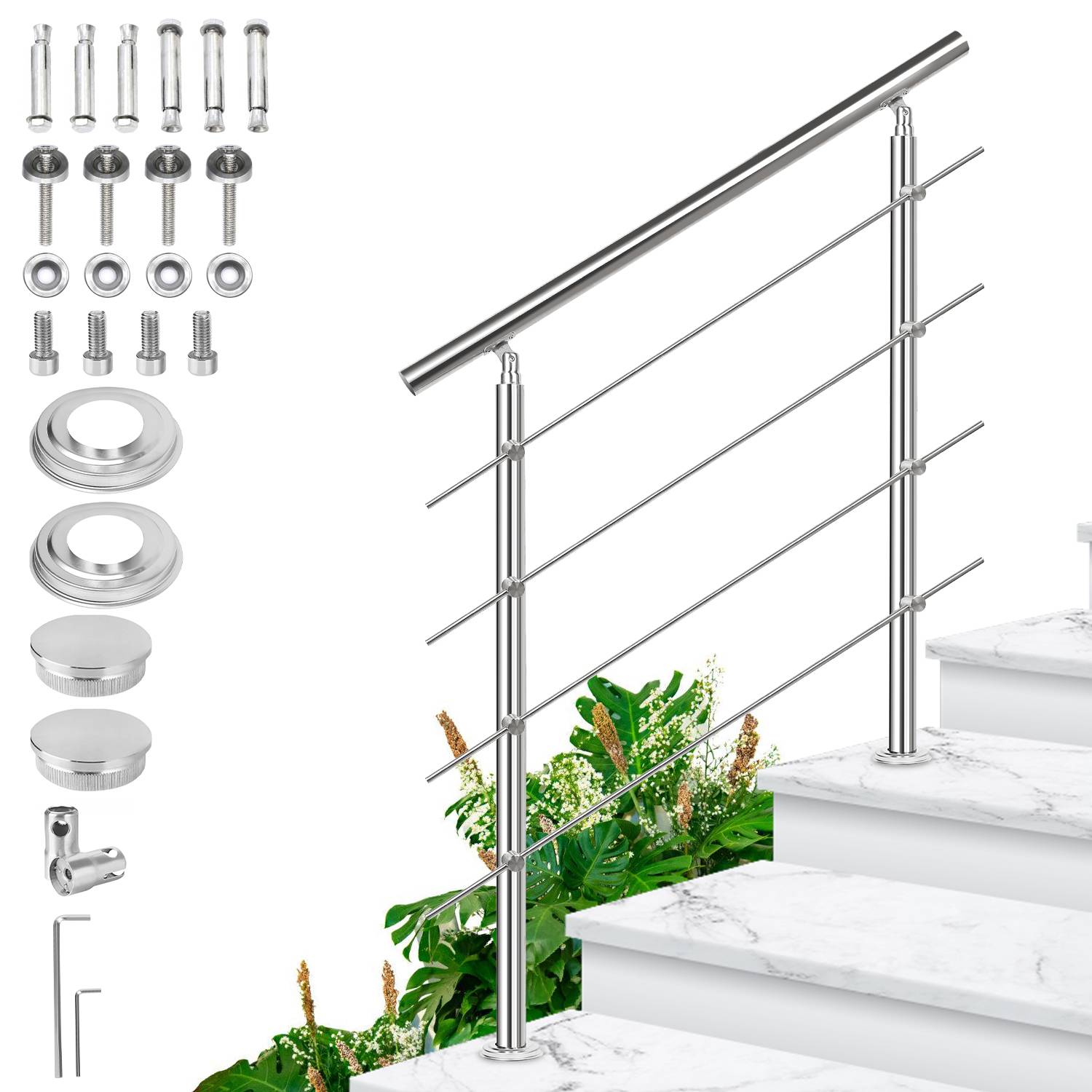 Geländer Edelstahl Handlauf Treppengeländer für Balkon Treppen Innen und Außen 120cm (4 Querstreben)