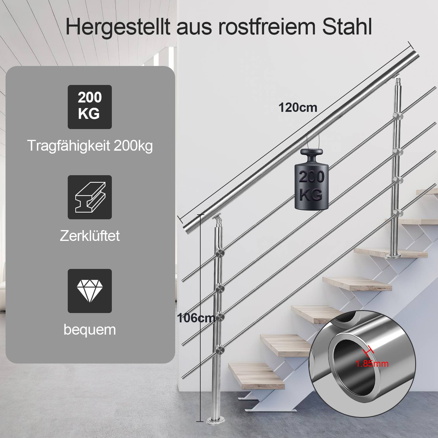 Geländer Edelstahl Handlauf Treppengeländer für Balkon Treppen Innen und Außen 120cm (4 Querstreben)
