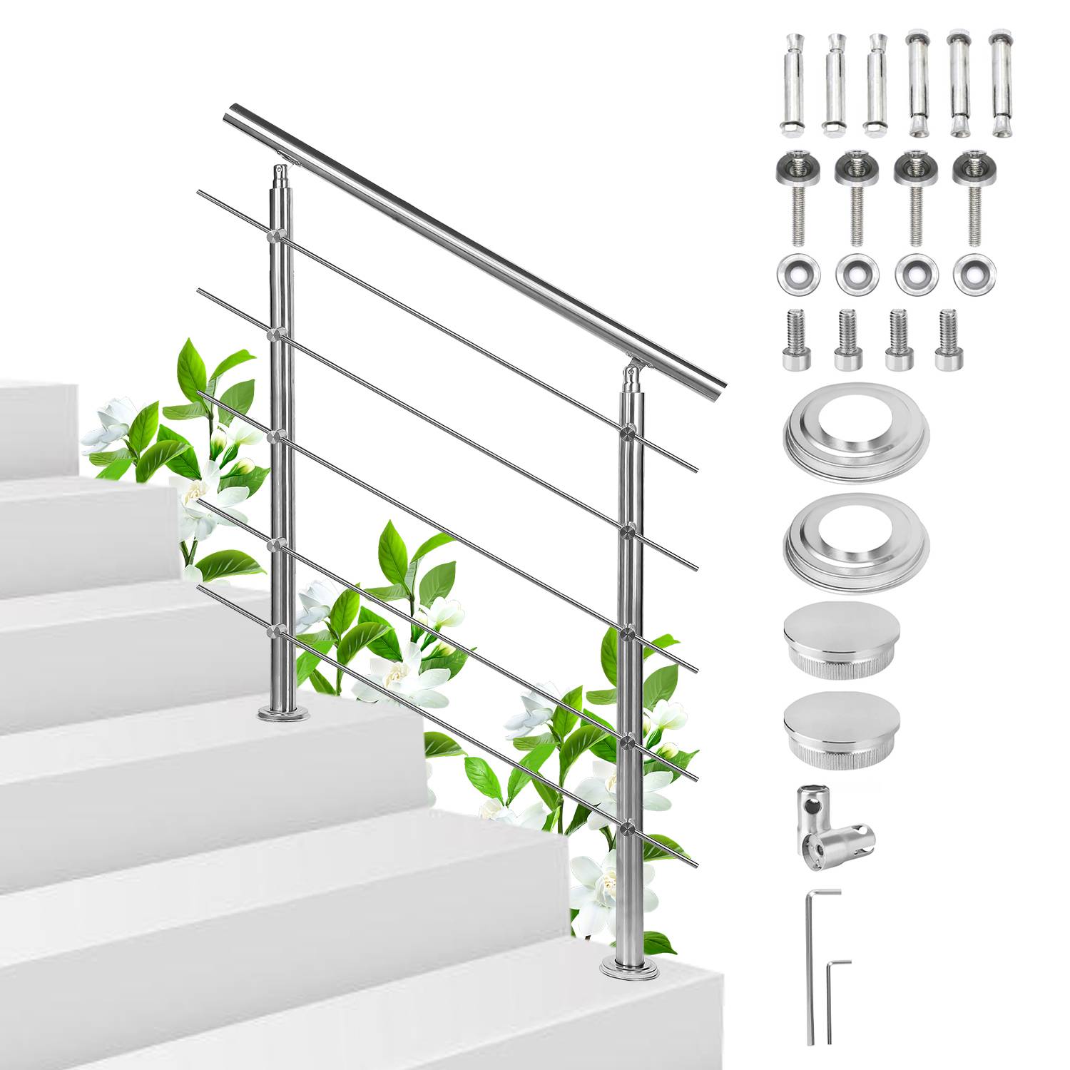 Geländer Edelstahl Handlauf Treppengeländer für Balkon Treppen Innen und Außen 120cm (5 Querstreben)
