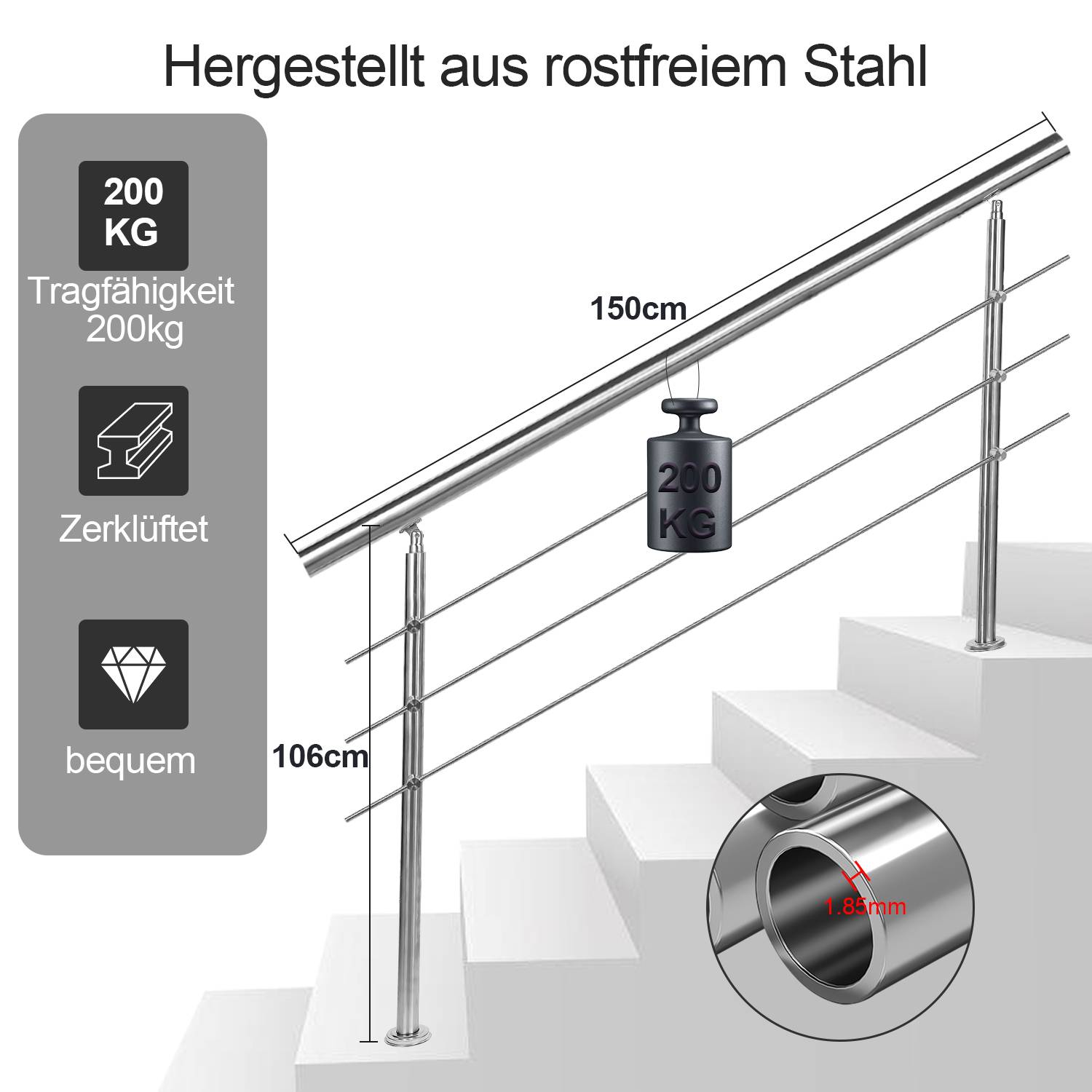 Geländer Edelstahl Handlauf Treppengeländer für Balkon Treppen Innen und Außen 150cm (3 Querstreben)