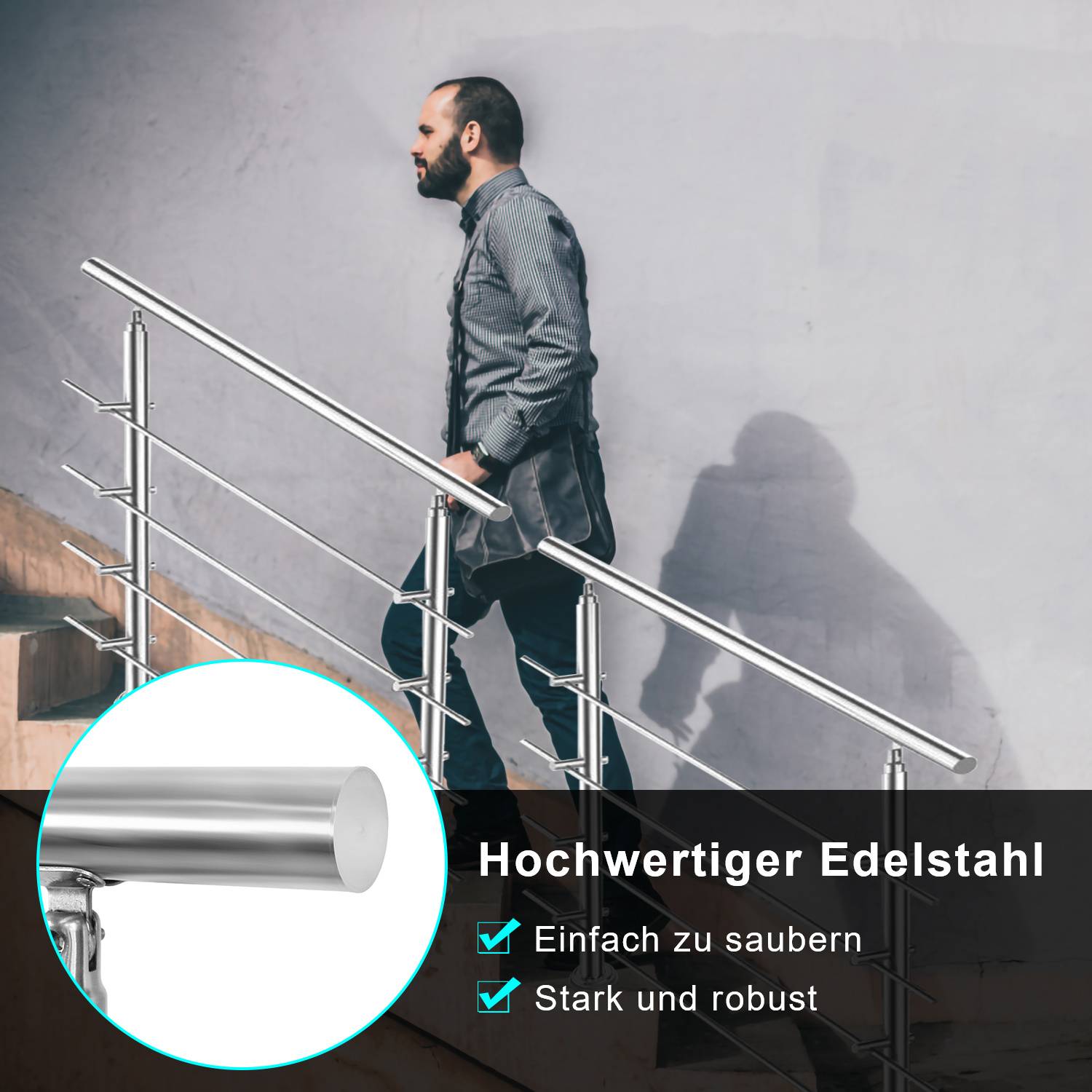 Geländer Edelstahl Handlauf Treppengeländer für Balkon Treppen Innen und Außen 80cm (3 Querstreben)