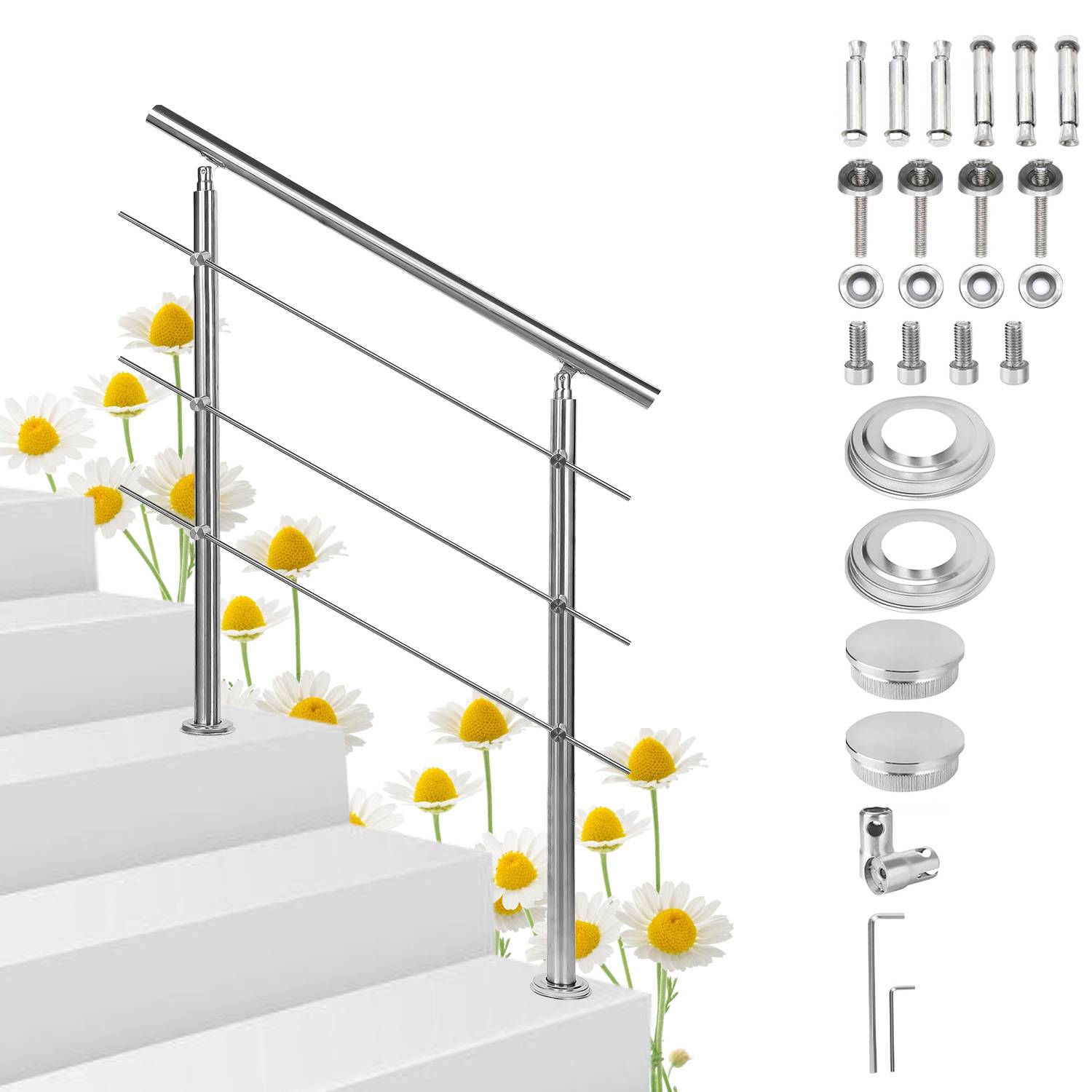 Geländer Edelstahl Handlauf Treppengeländer für Balkon Treppen Innen und Außen 160cm (3 Querstreben)