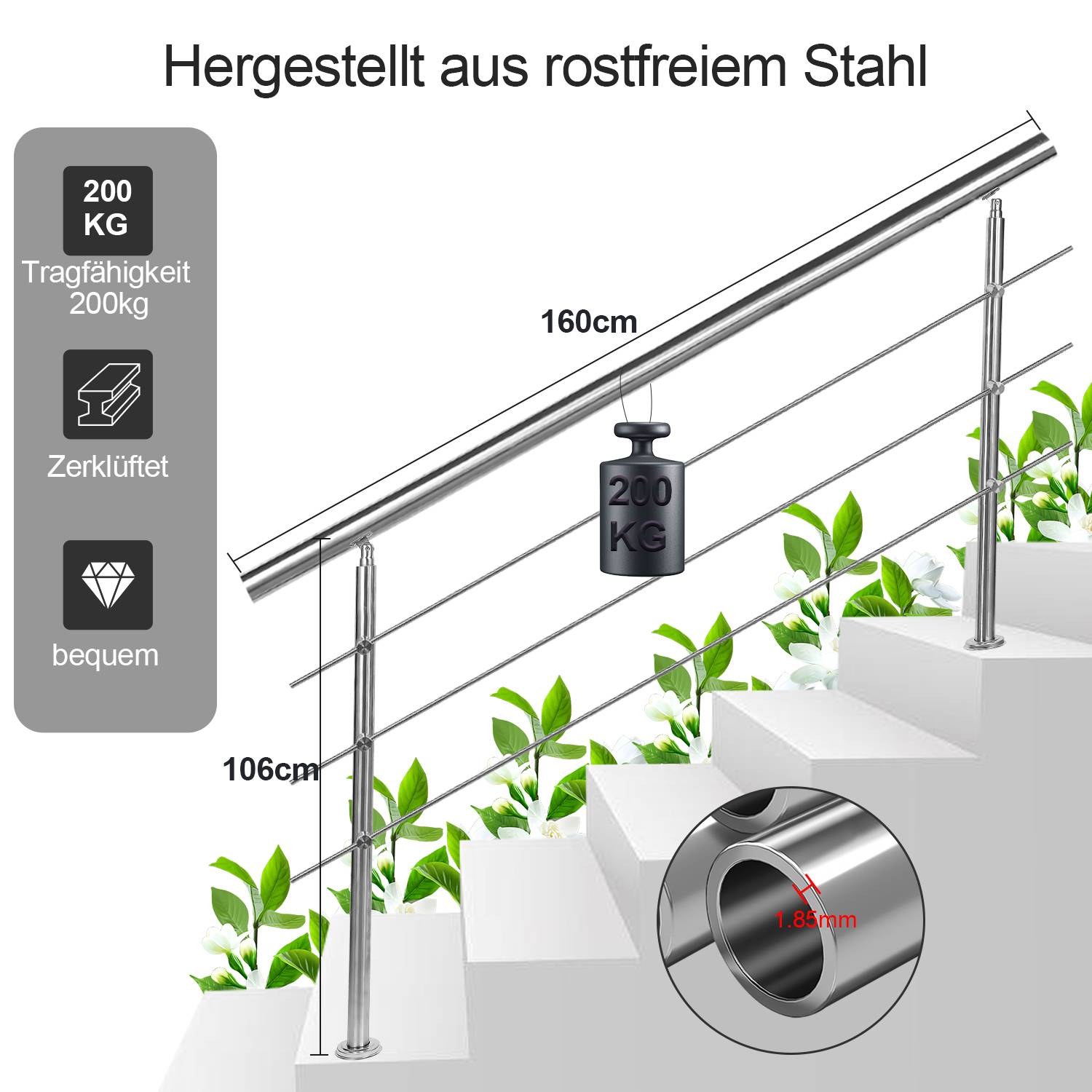 Geländer Edelstahl Handlauf Treppengeländer für Balkon Treppen Innen und Außen 160cm (3 Querstreben)