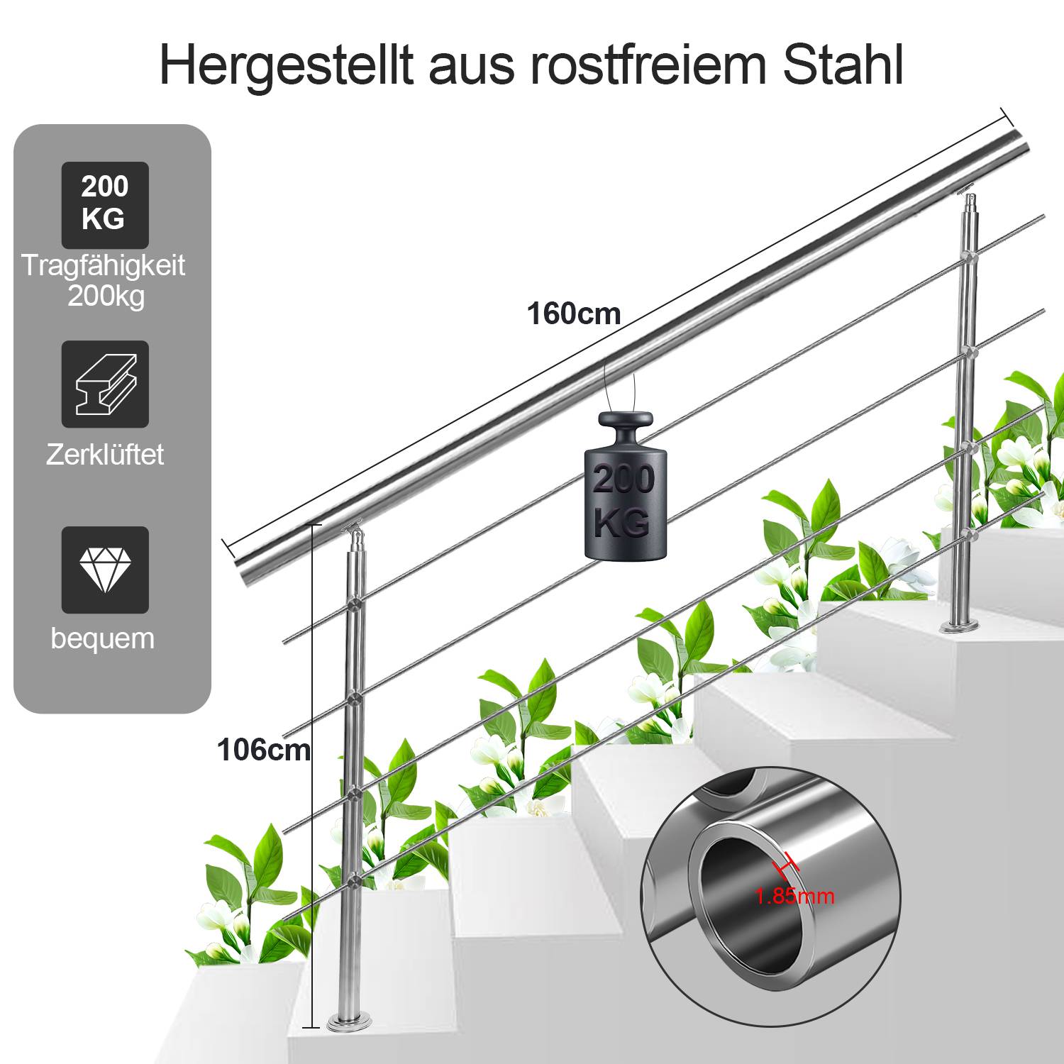 Geländer Edelstahl Handlauf Treppengeländer für Balkon Treppen Innen und Außen 160cm (4 Querstreben)