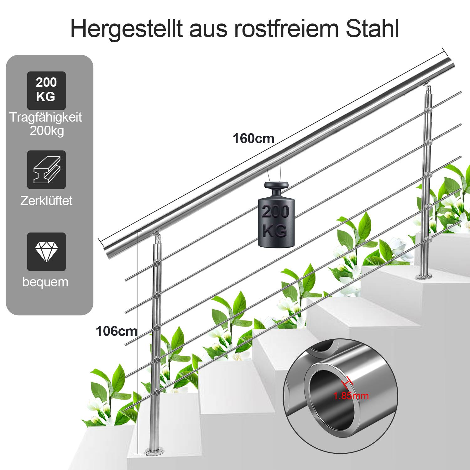 Geländer Edelstahl Handlauf Treppengeländer für Balkon Treppen Innen und Außen 160cm (5 Querstreben)