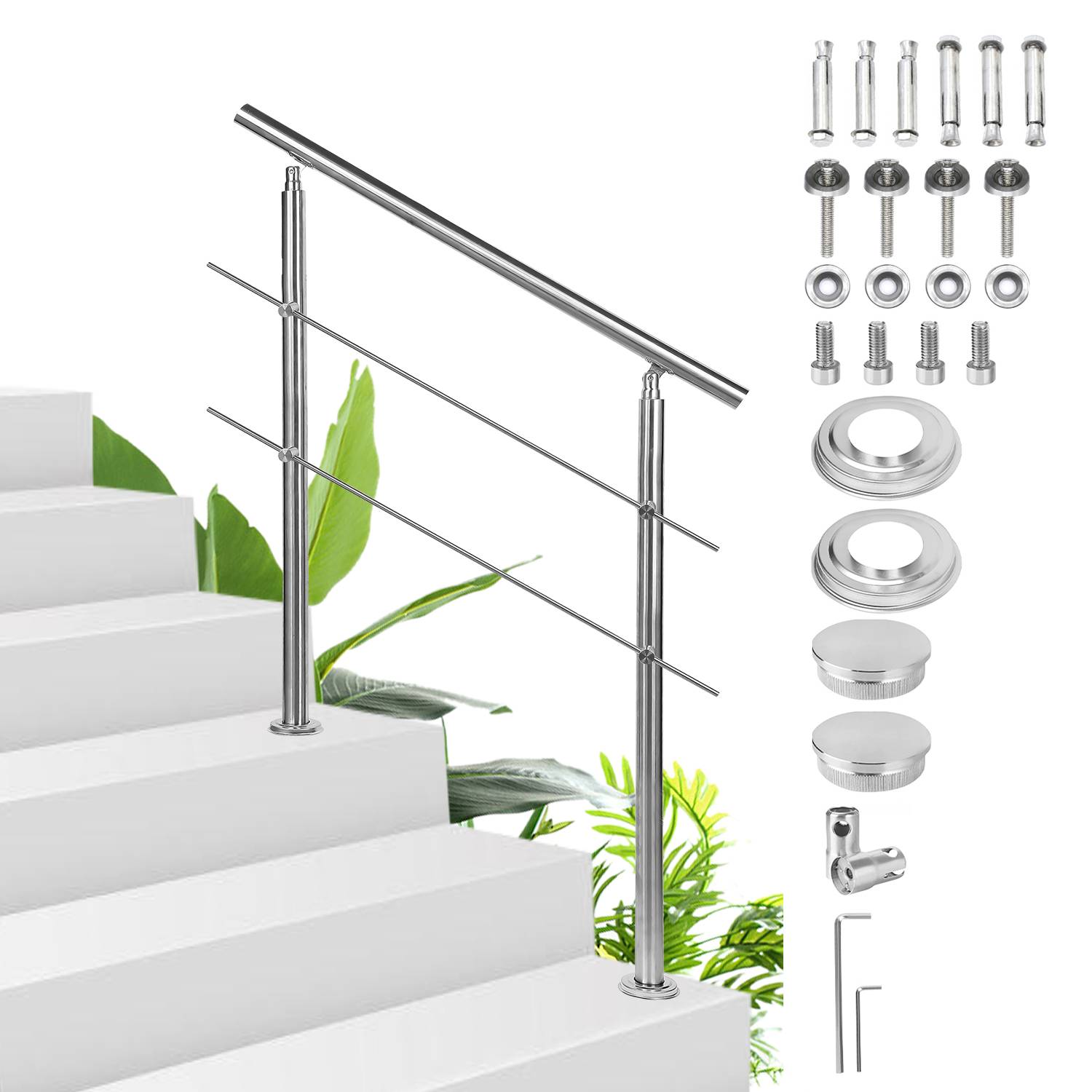 Geländer Edelstahl Handlauf Treppengeländer für Balkon Treppen Innen und Außen 180cm (2 Querstreben)