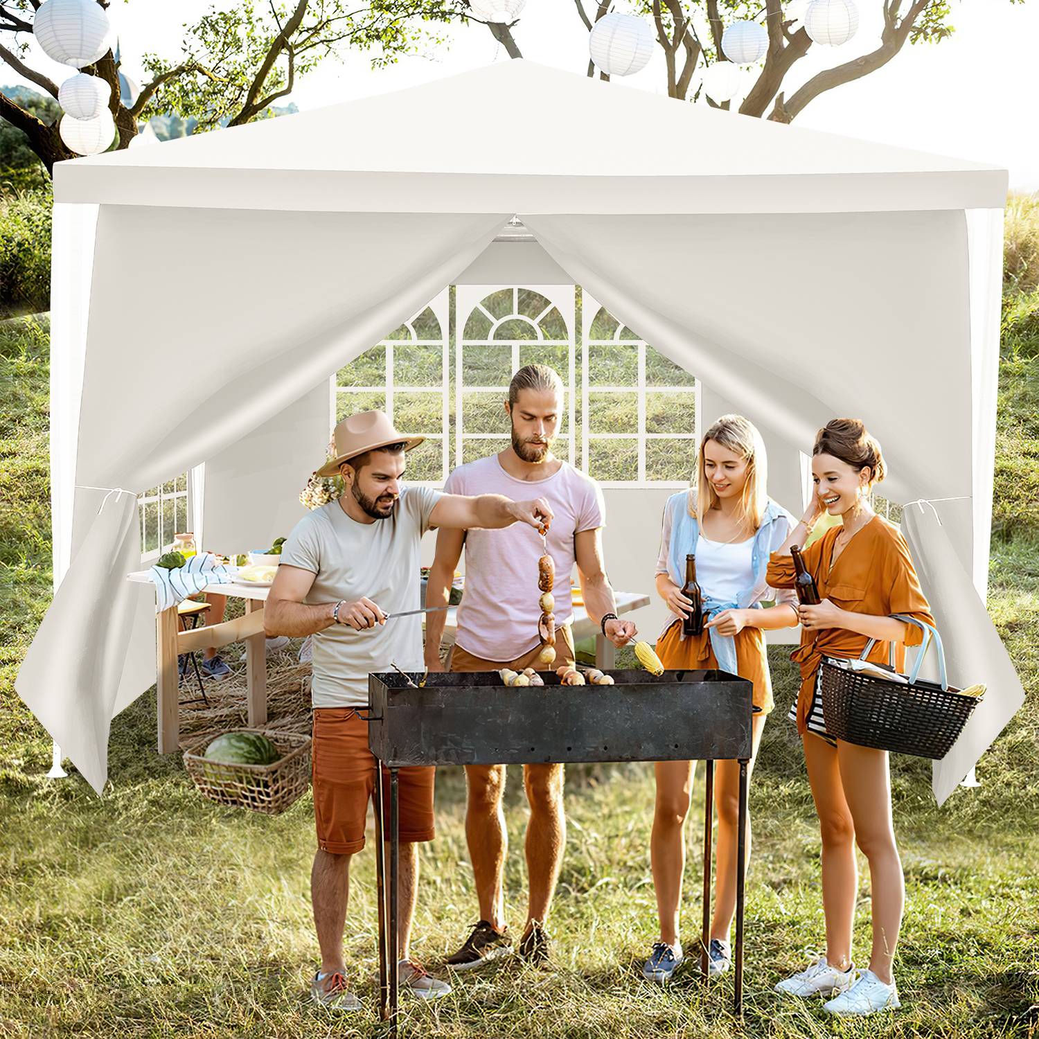 3x3m Garten Pavillon mit Seitenteilen mit Eisenrohr tragbares wasserdichtes Zelt, weiß