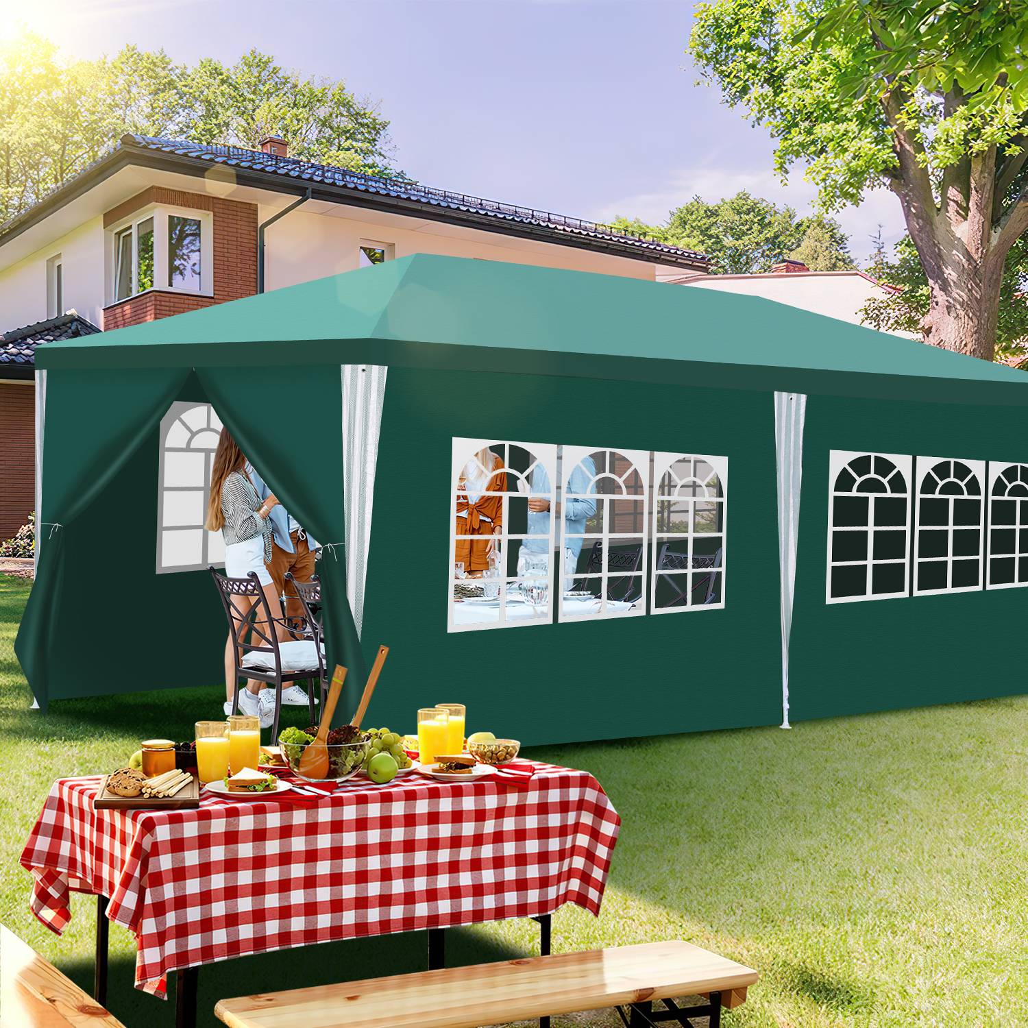3x6m Garten Pavillon mit Seitenteilen mit Eisenrohr tragbares wasserdichtes Zelt, Grün