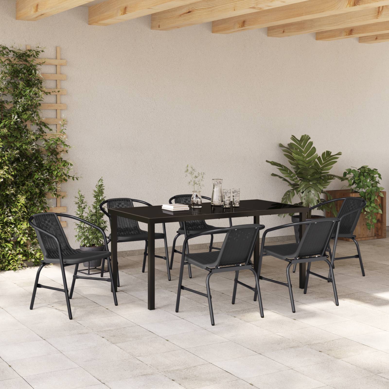 vidaXL 7-teilige Garten-Essgruppe Schwarzes Poly-Rattan