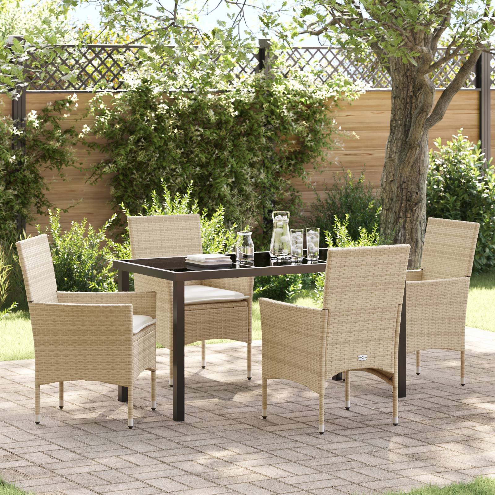 vidaXL 5-teiliges Garten Esstisch Set mit Kissen Beige Poly Rattan