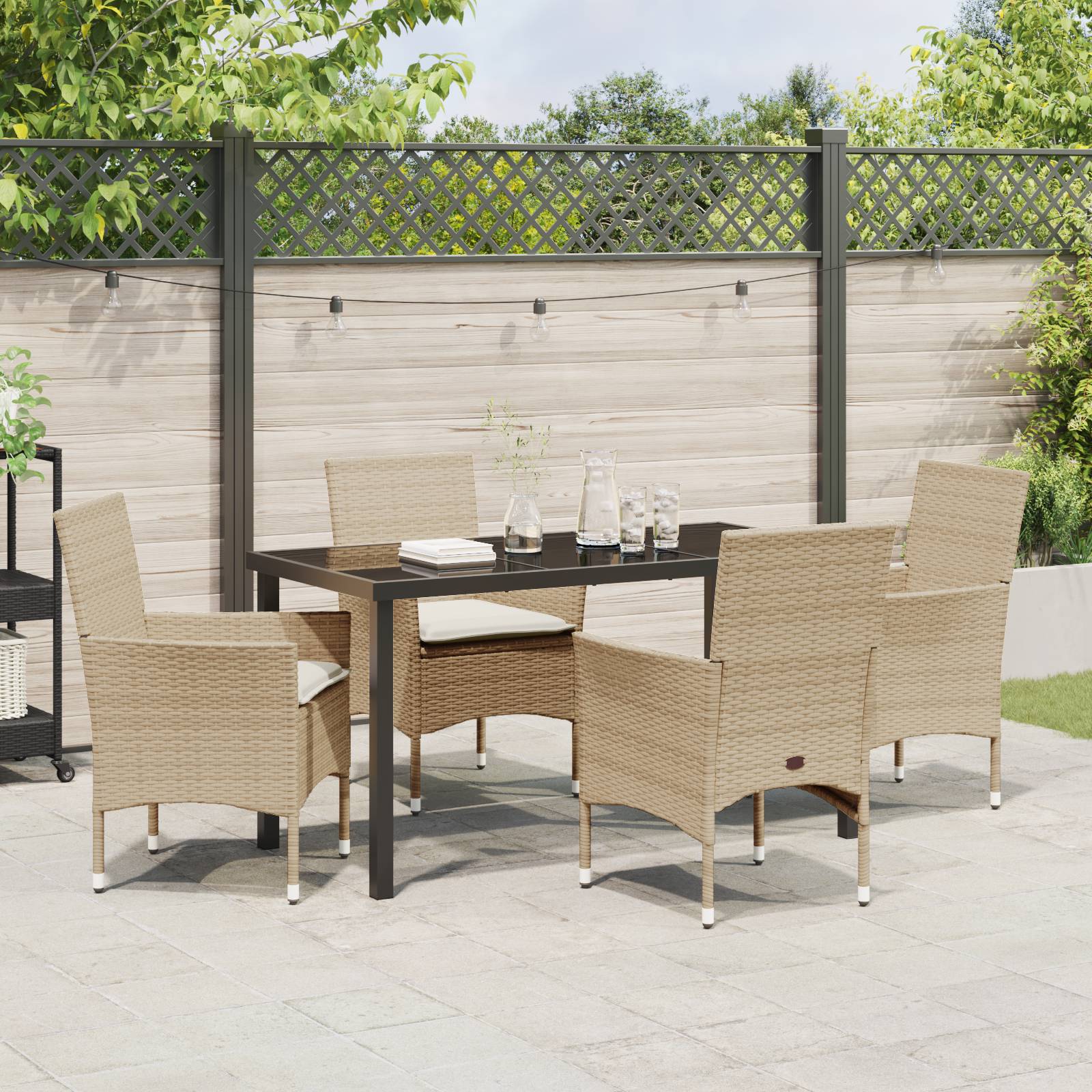 vidaXL 5-teiliges Garten Esstisch Set mit Kissen Beige Poly Rattan