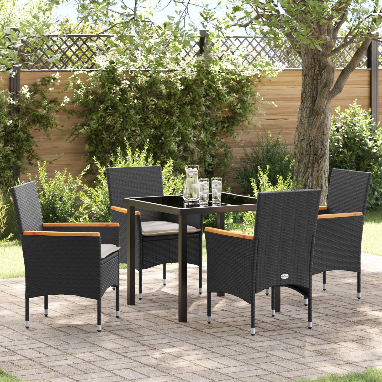 vidaXL 5-teilige Garten Essgruppe mit Kissen in schwarzem Poly-Rattan