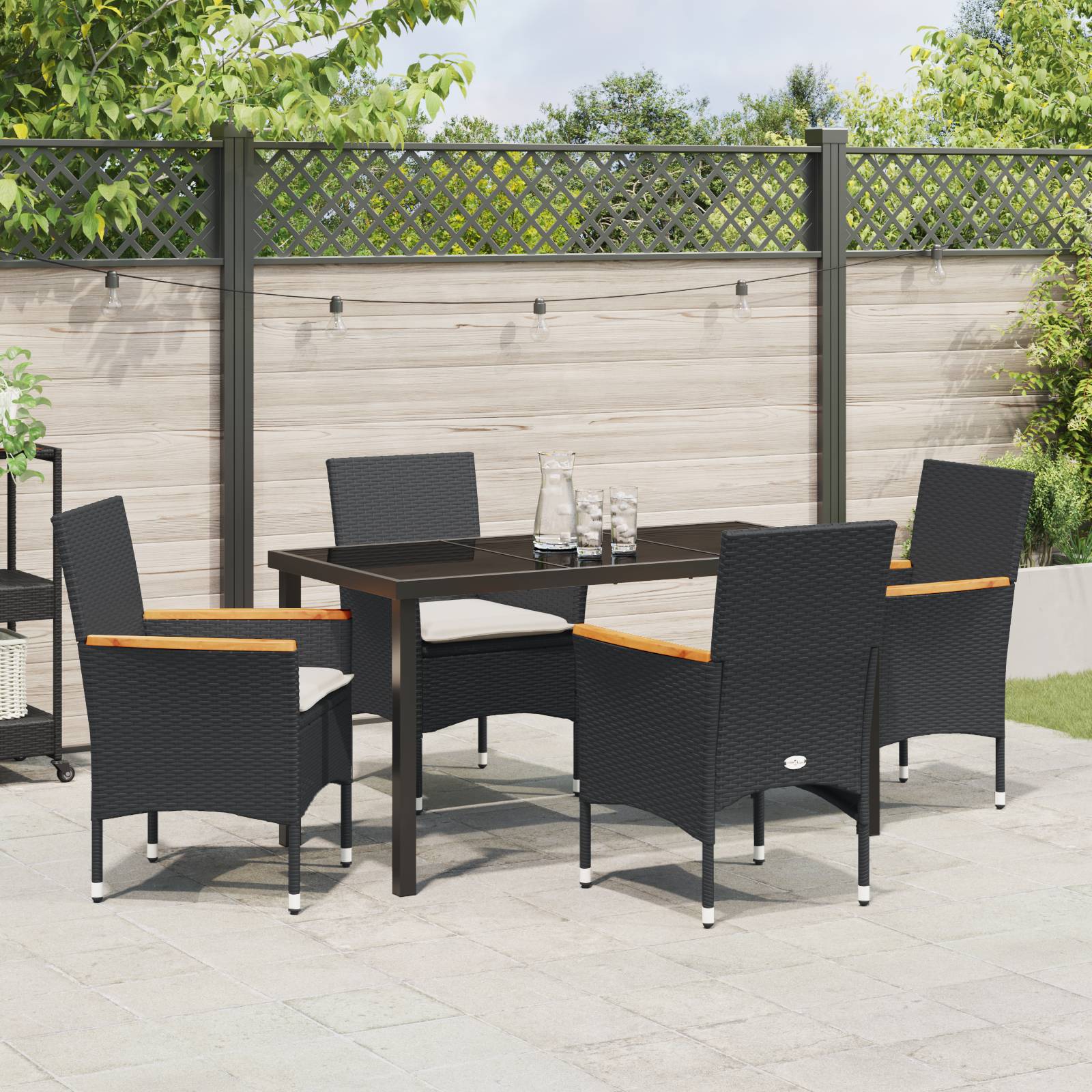 vidaXL 5-teilige Garten Essgruppe mit Kissen in schwarzem Poly-Rattan