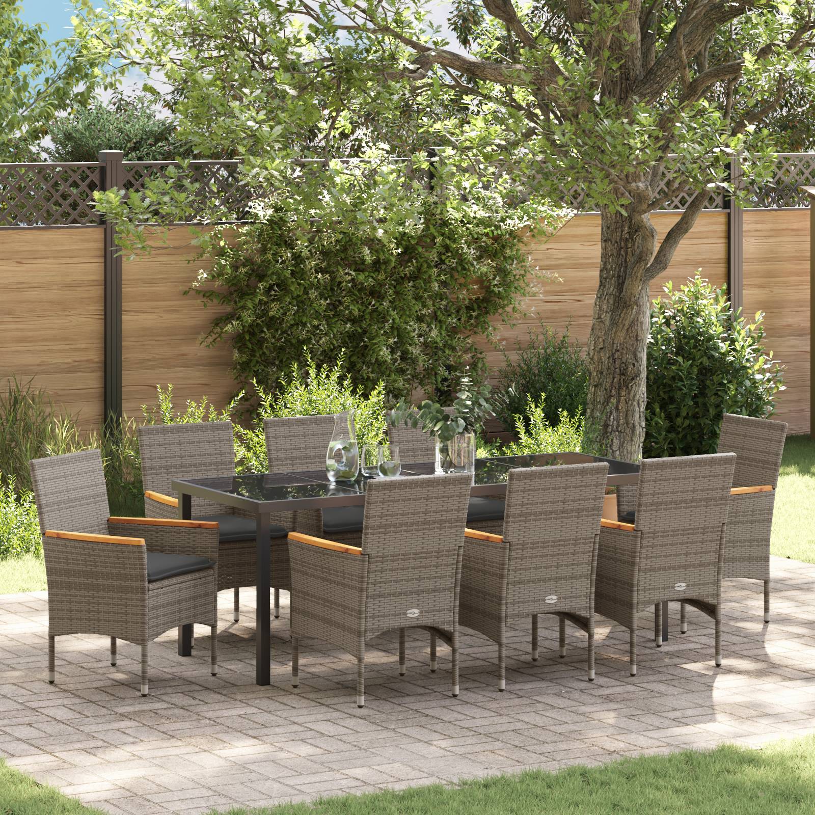 vidaXL 9-teilige Garten Essgruppe mit Kissen Grau Poly Rattan